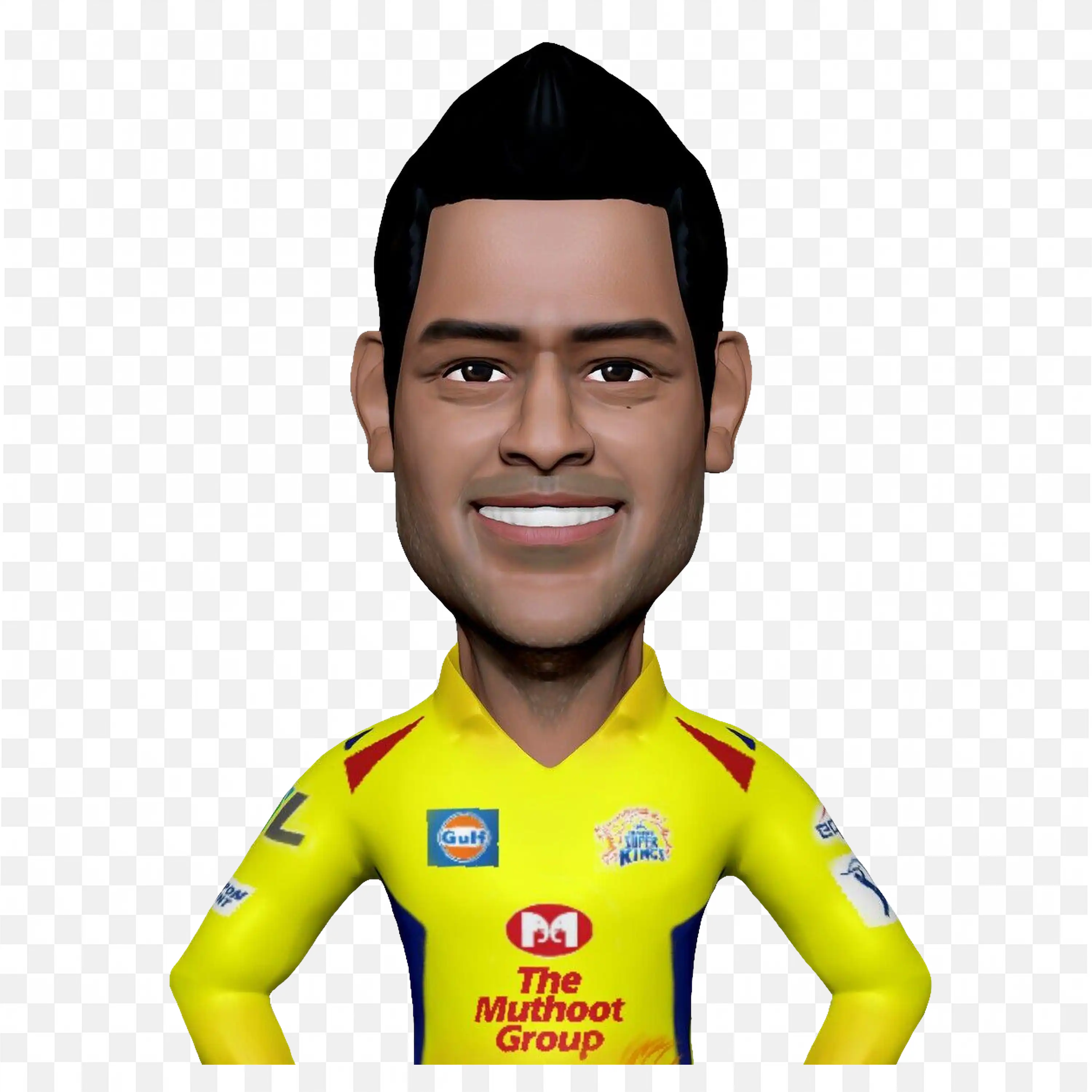 Animated Ms Dhoni Smiling in Yellow Cricket Jersey PNG