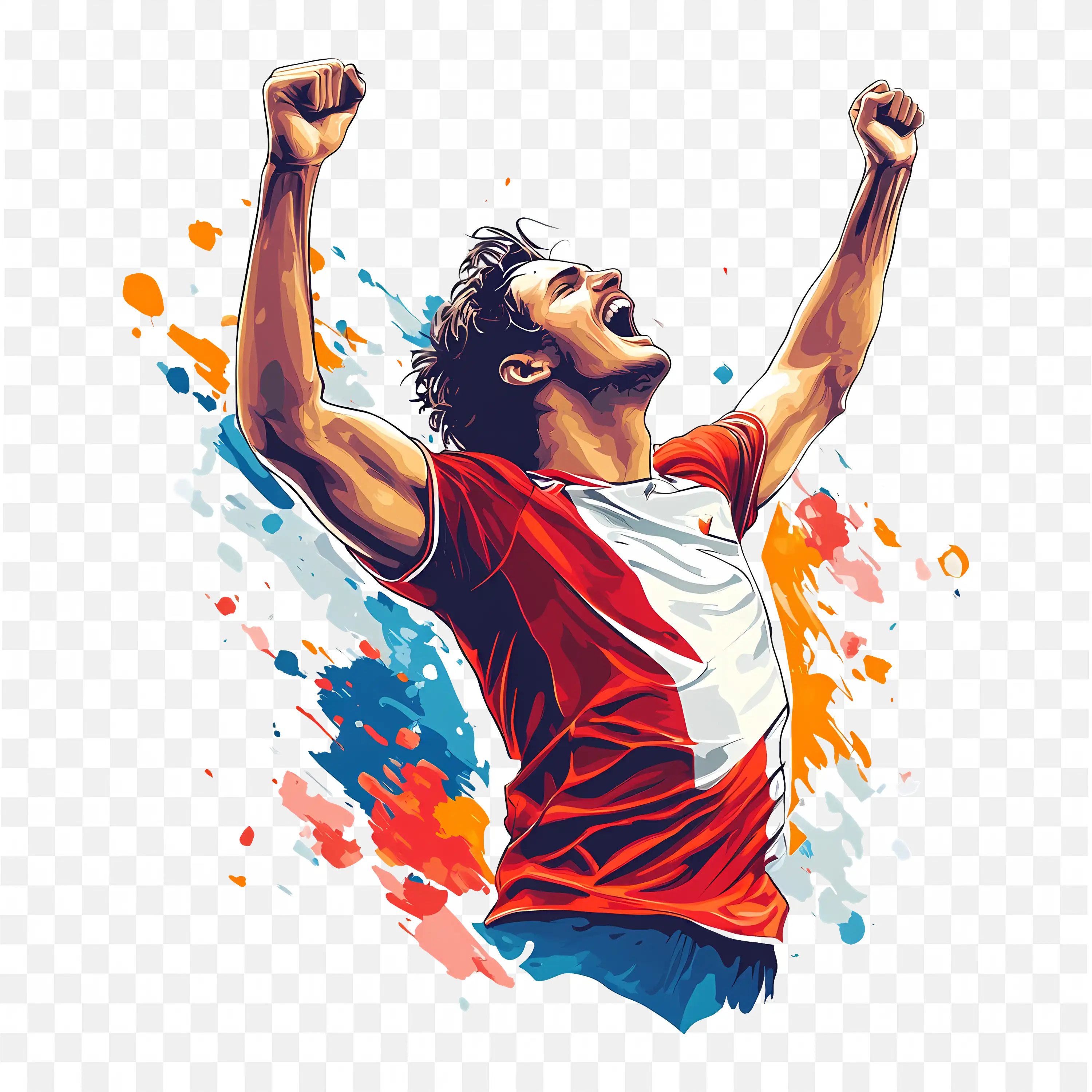 Celebrating Man with Red And White Jersey Art Illusion PNG
