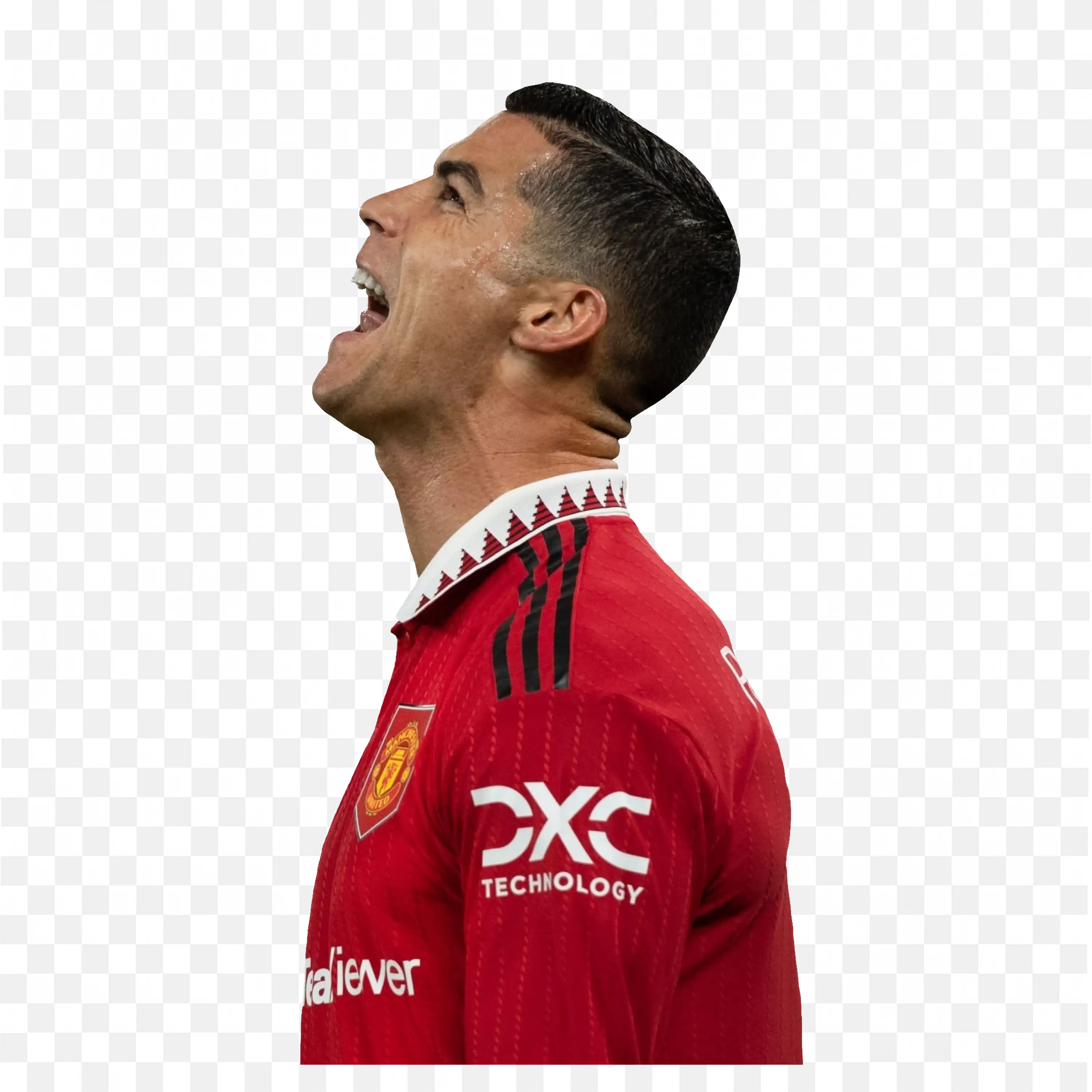Cristiano Ronaldo Laughing And Looking Up with a Red Jersey
