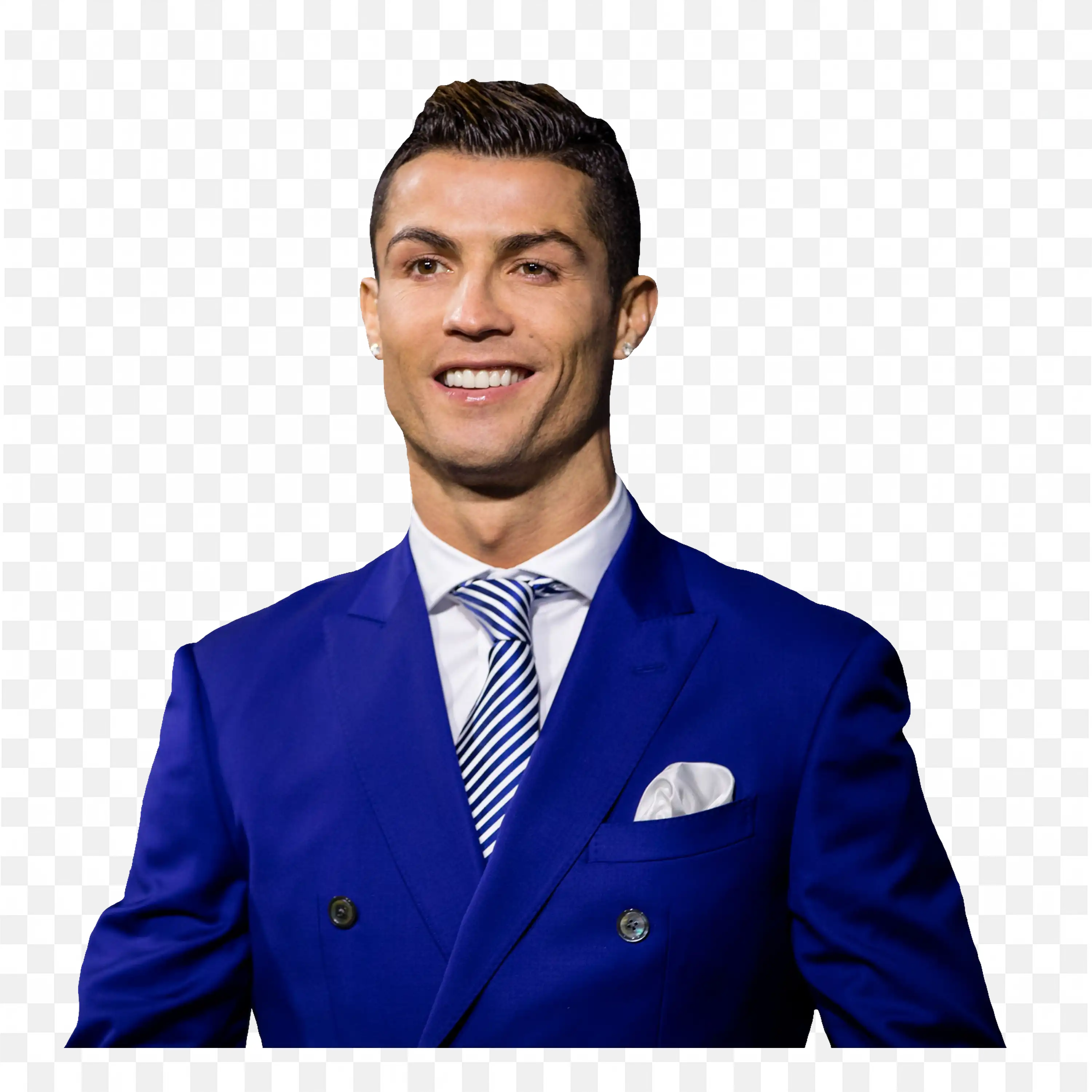 Cristiano Ronaldo Smiling in a Sharp Blue Suit PNG Image