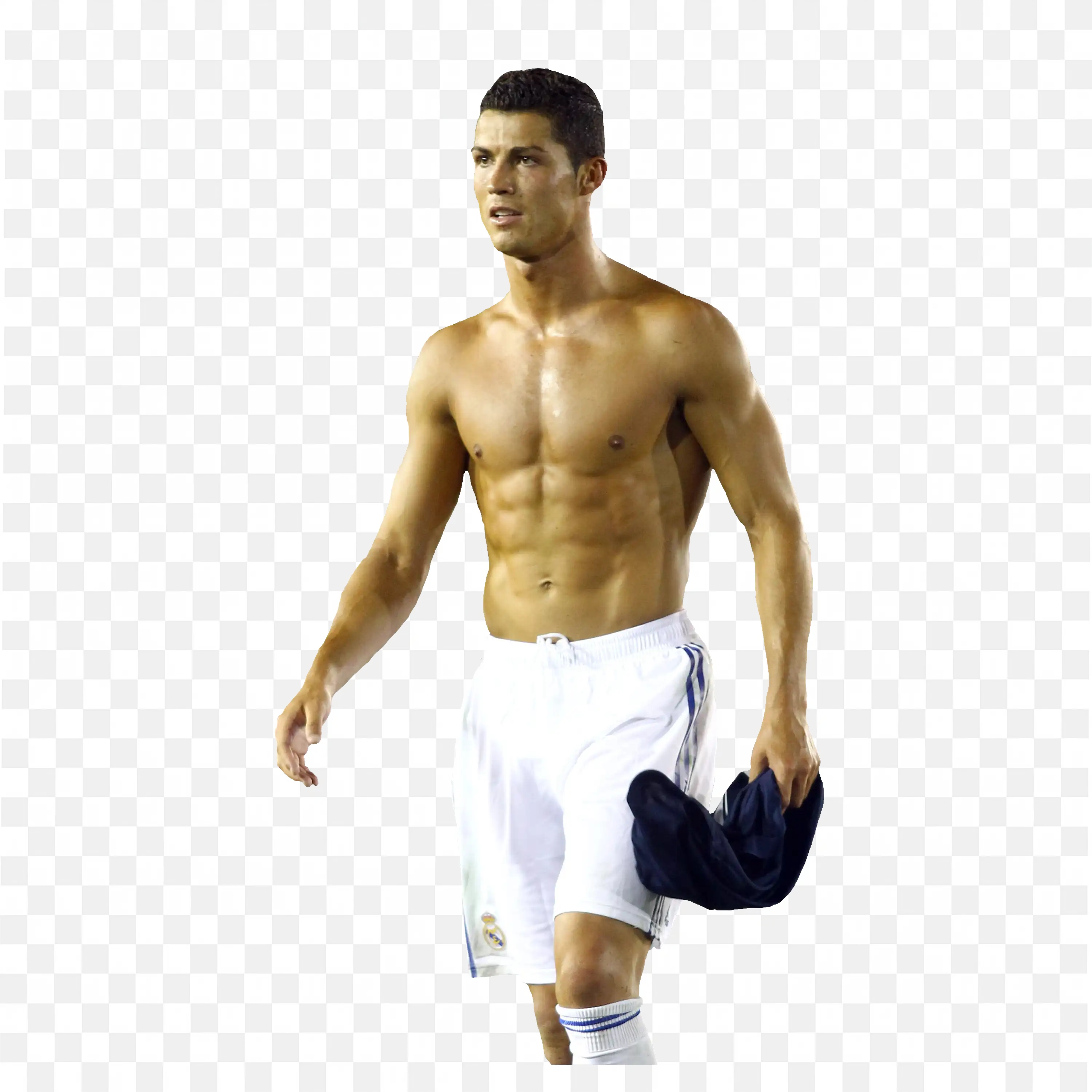 Cristiano Ronaldo Walking Shirtless After Intense Match PNG