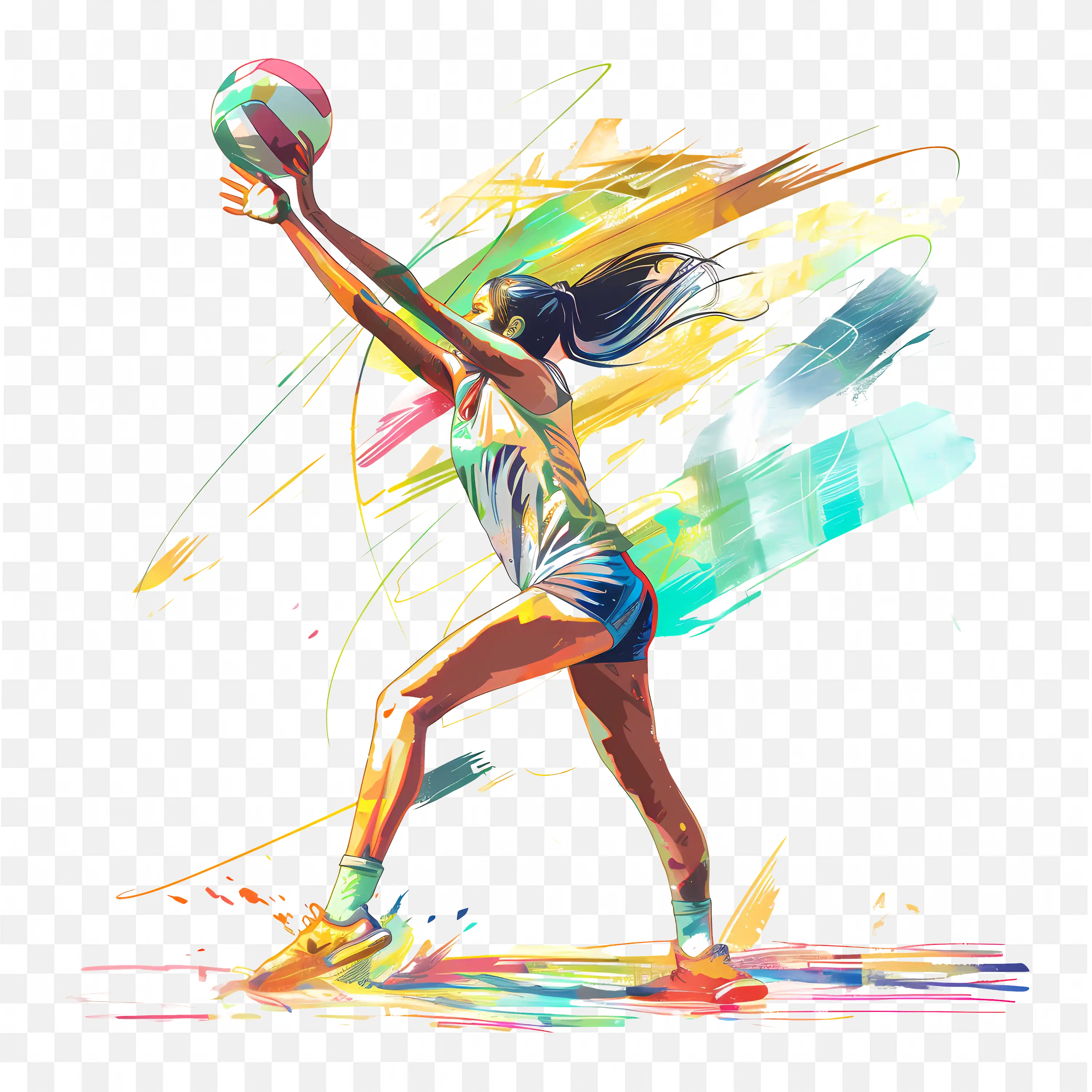 Female Volleyball Player in Action with Paint Effect PNG