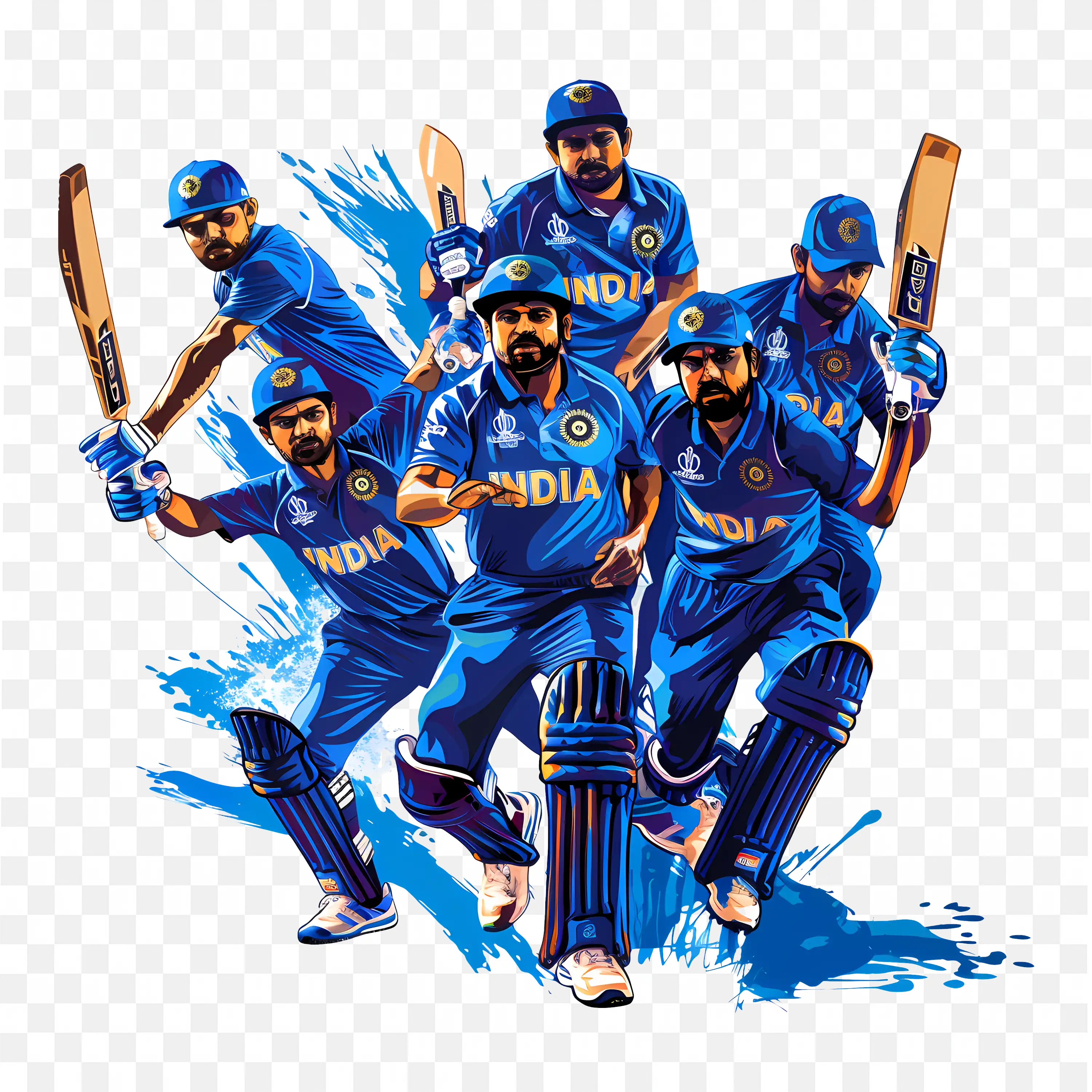 Indian Cricket Players in Blue Jersey with Bat Motion Art