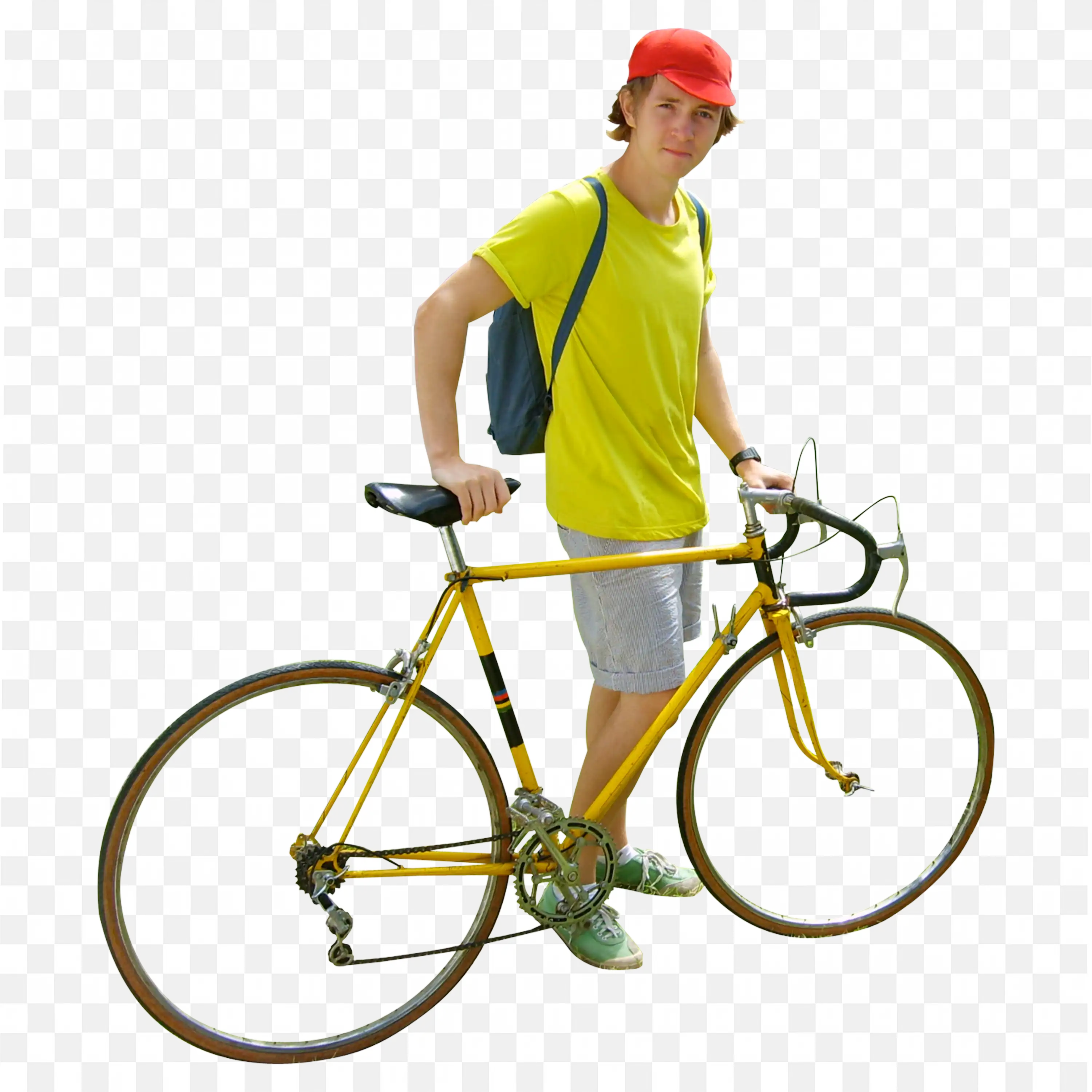 Man Stands Beside Yellow Bicycle And Wearing Cap PNG Image