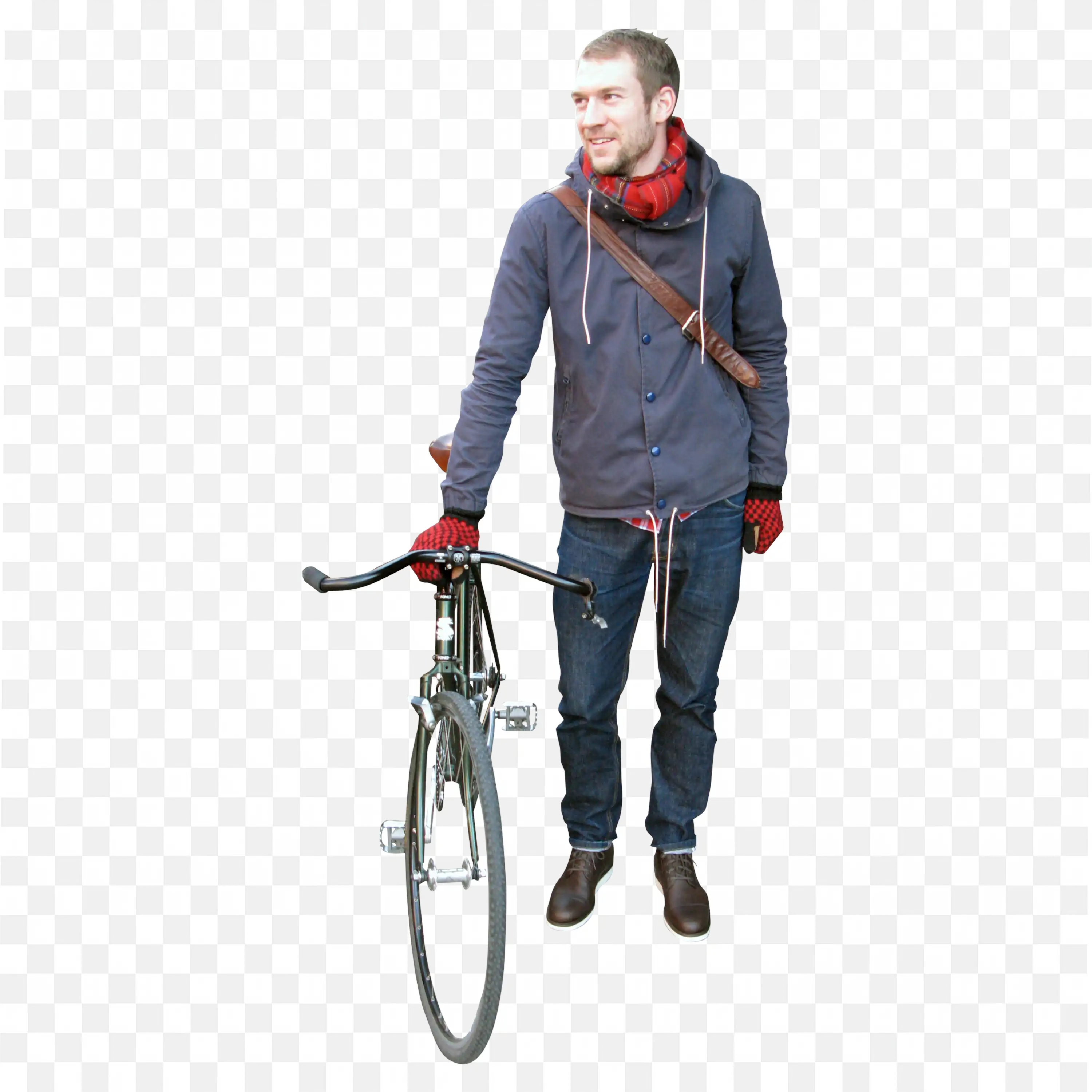 Man Walks with a Black Cycle Wearing a Warm Jacket Free PNG