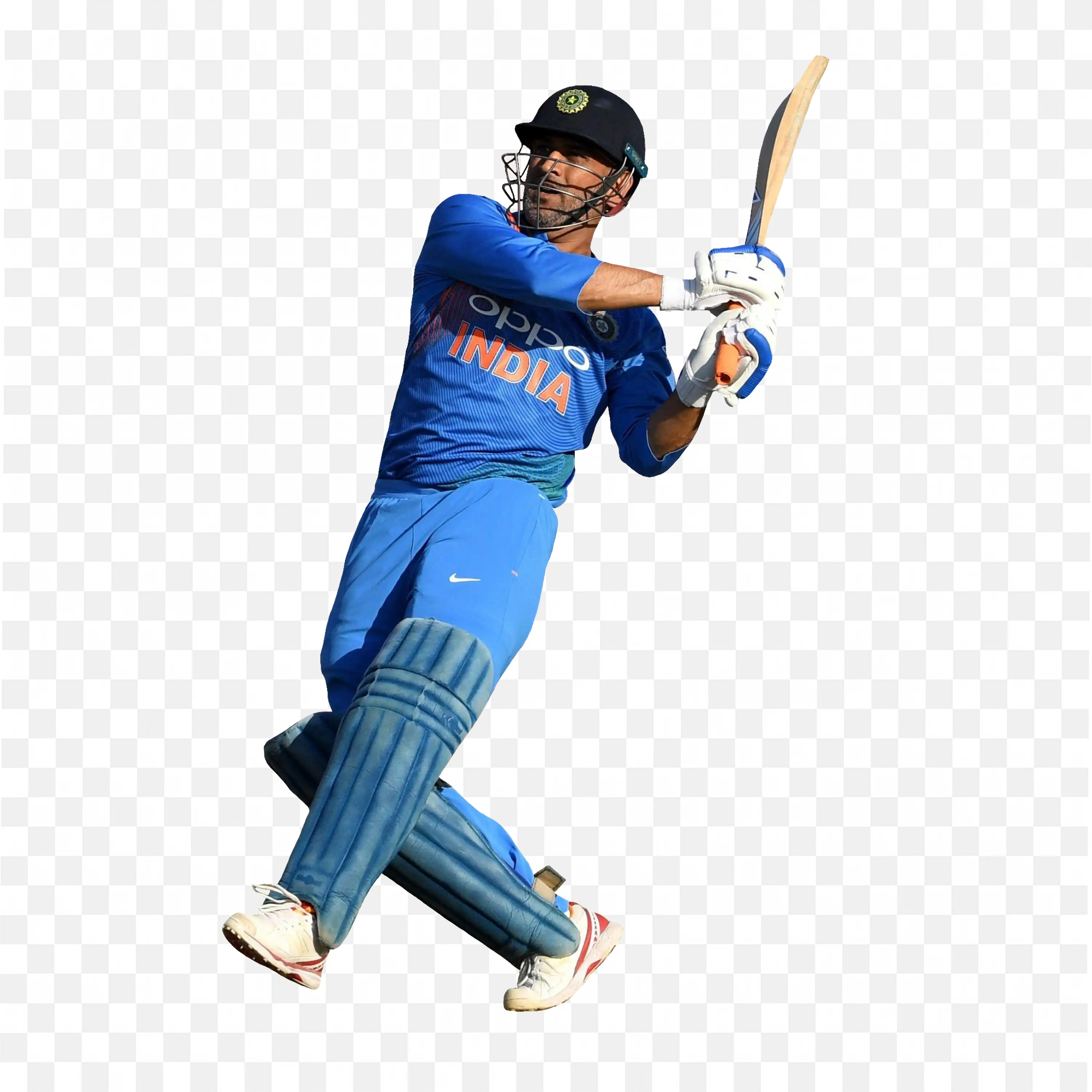Ms Dhoni Playing a Shot in Full Swing Wearing a Blue Jersey
