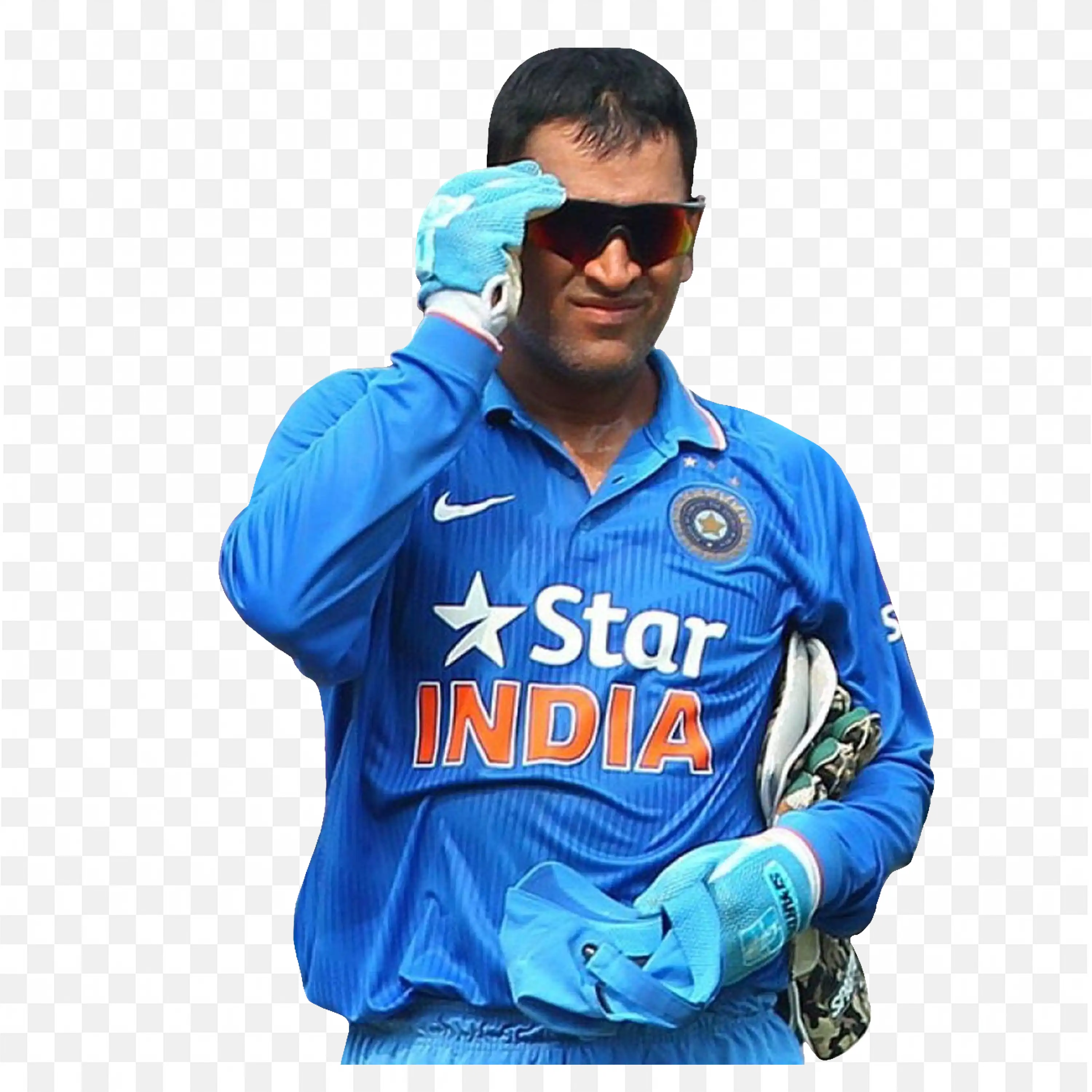 Ms Dhoni Smiling Proudly in India Blue Cricket Jersey PNG