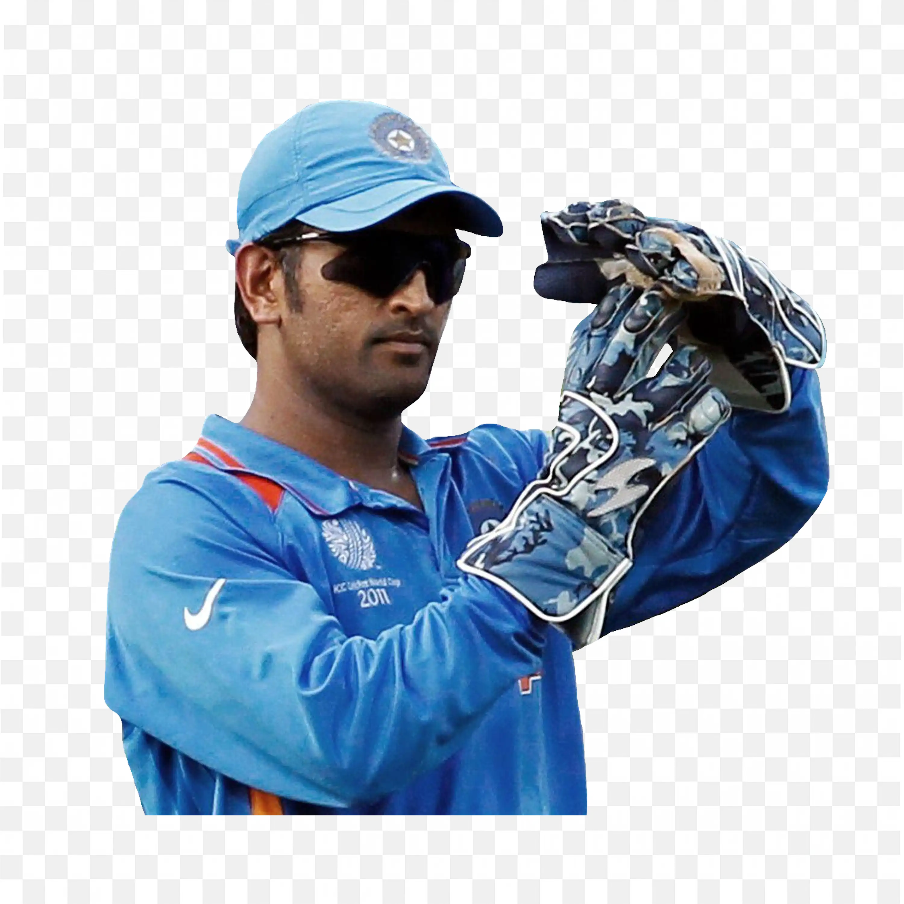 Ms Dhoni Wearing Wicket Keeping Gloves And a Cricket Uniform