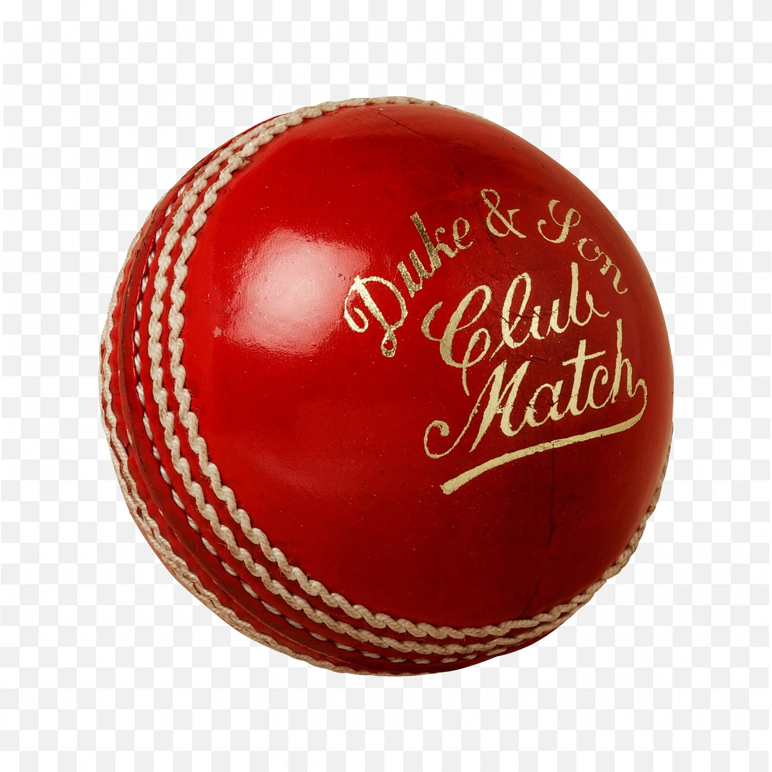 Red Cricket Ball with Gold Text And Stitched Seam Detail PNG