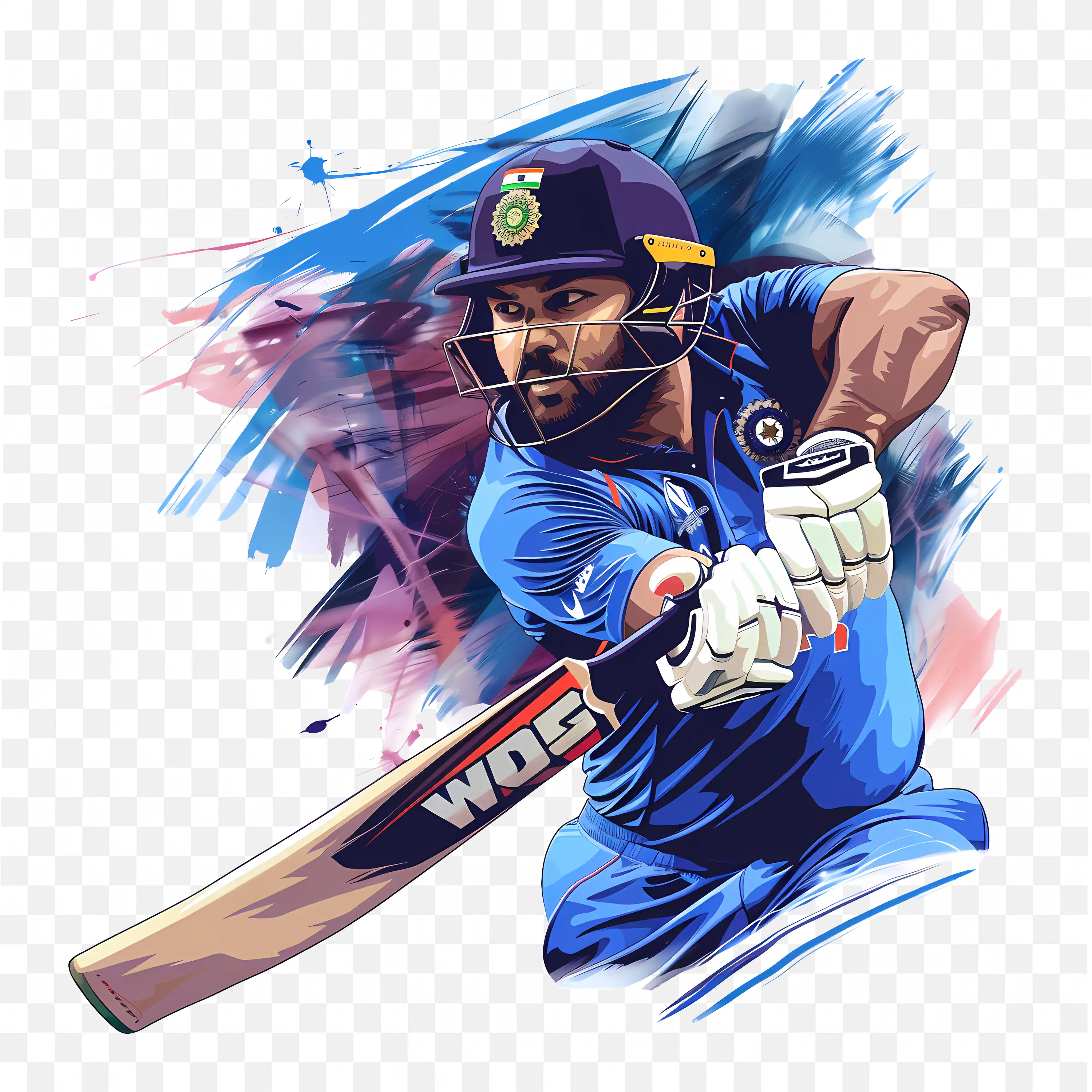 Rohit Sharma in a Blue Jersey Batting Art Free PNG Image