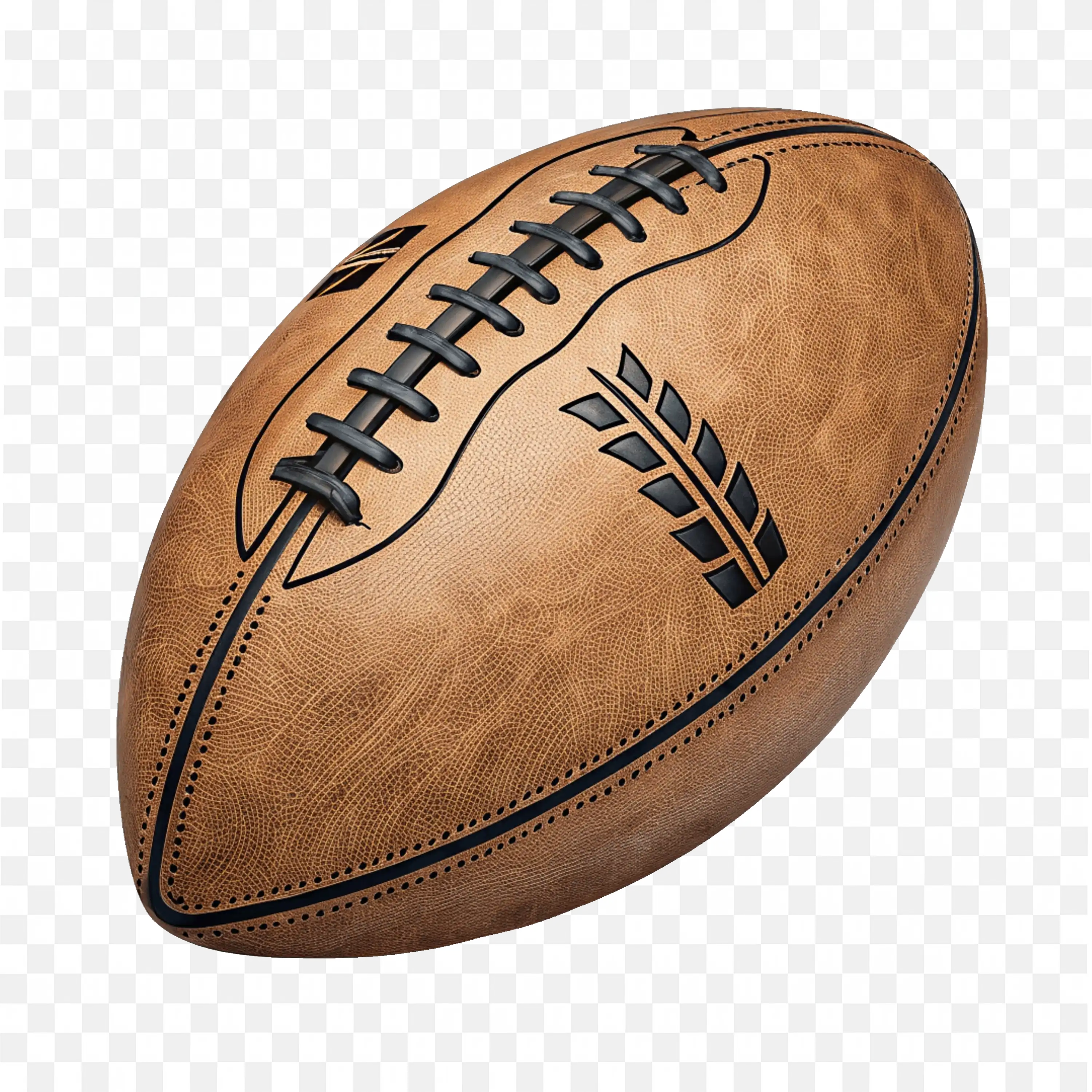 Rugby Ball with Stitched Black Leaf Design on Brown Leather
