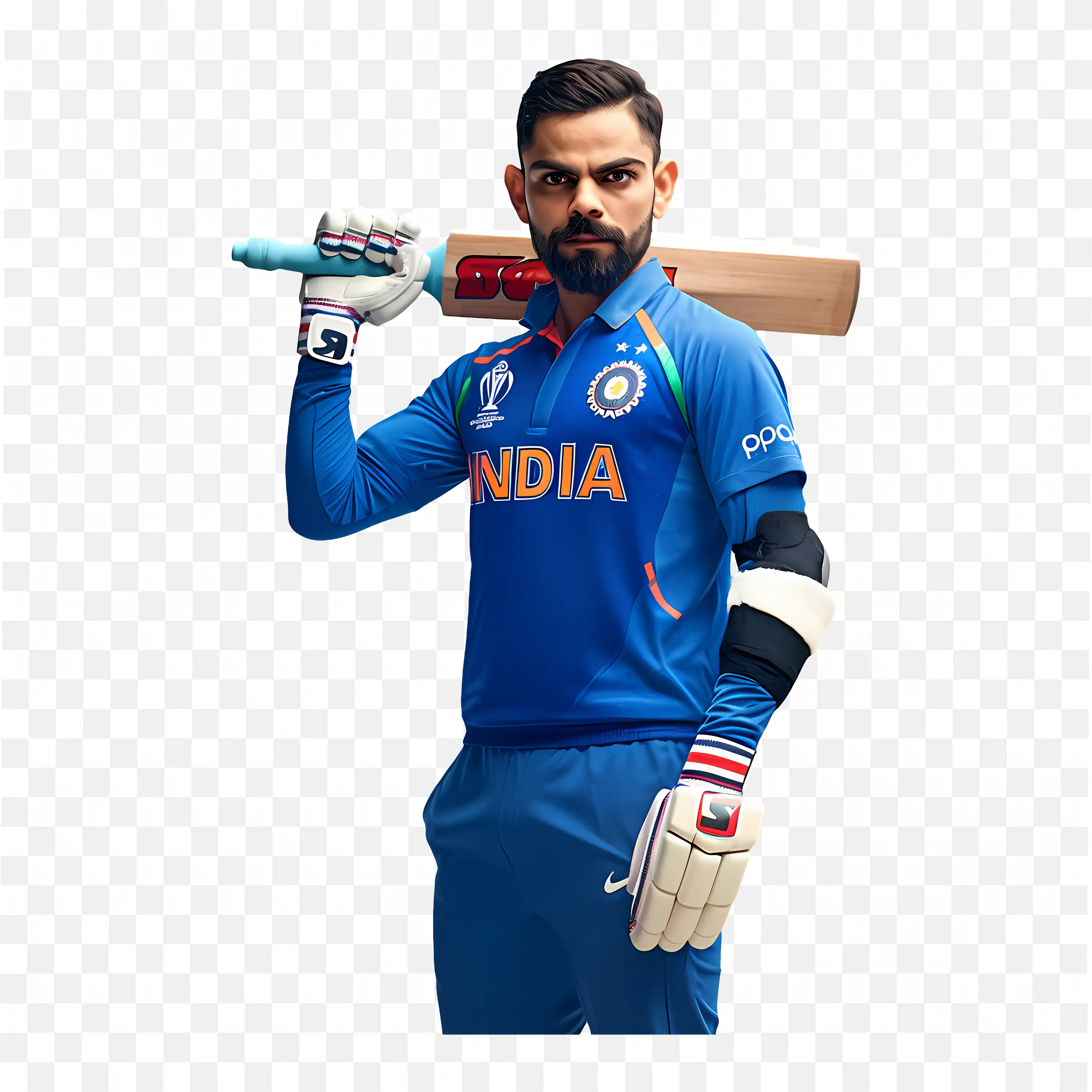 Virat Kohli Poses with Bat in Indian Cricket Jersey Free PNG