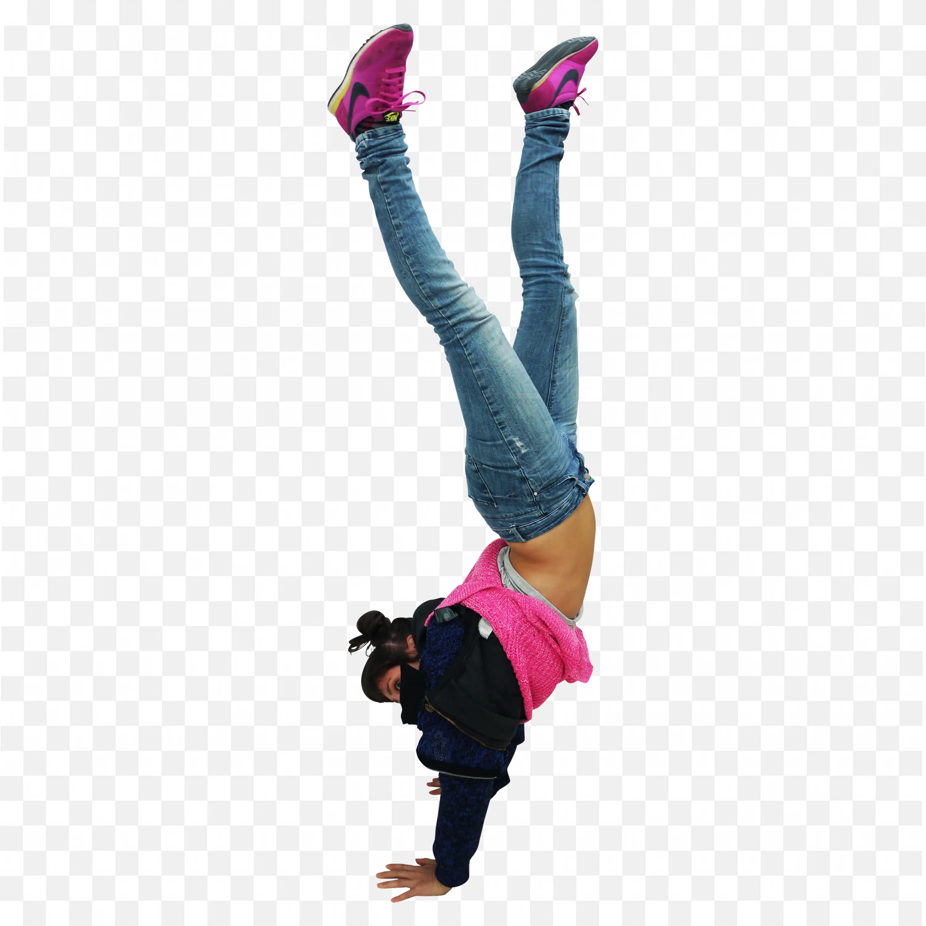 Woman Does a Handstand Wearing Blue Jeans Free PNG Image