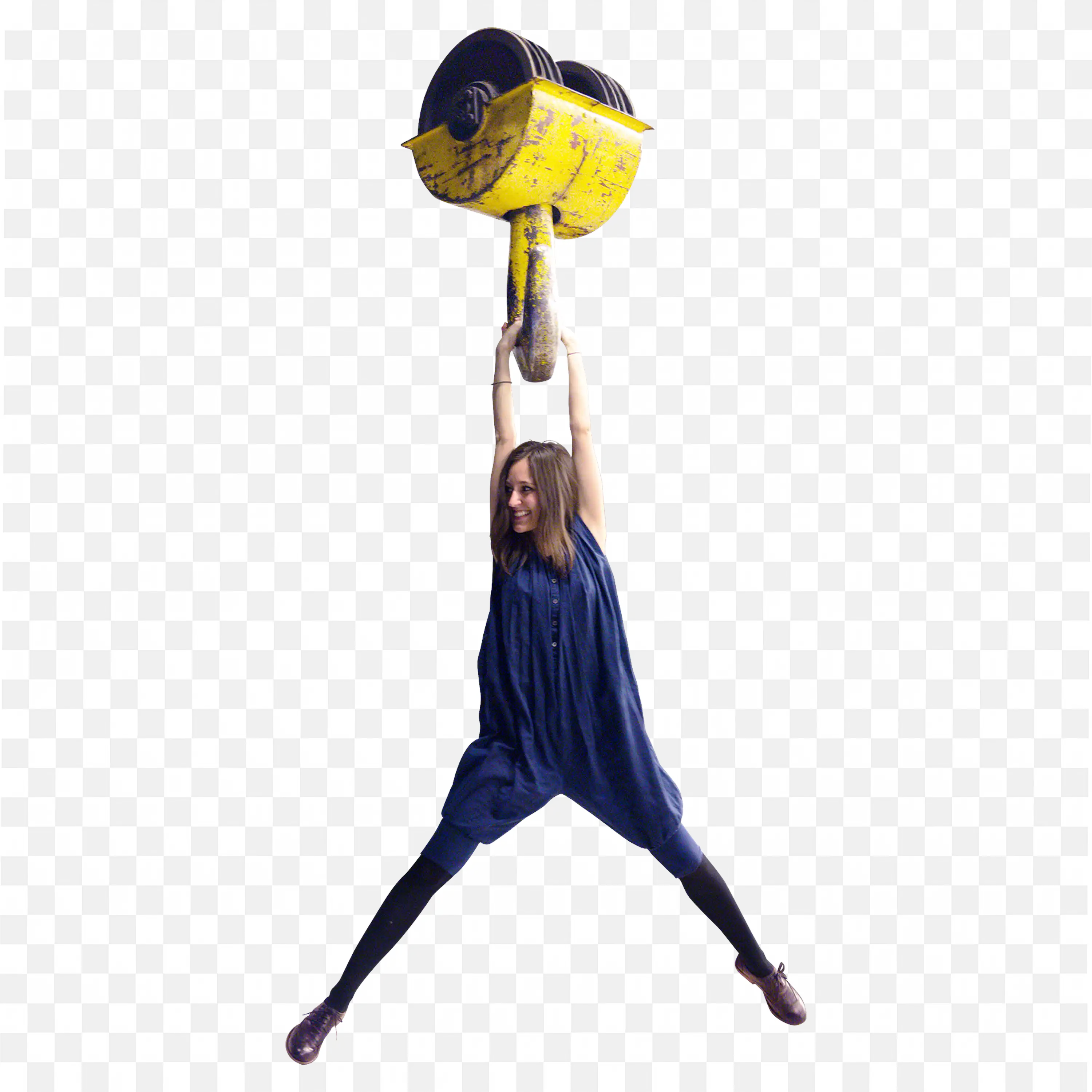 Woman Holding Large Industrial Pulley Hook Overhead PNG
