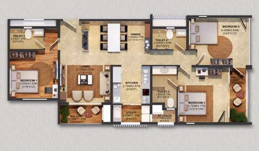 3 BHK + 3 T