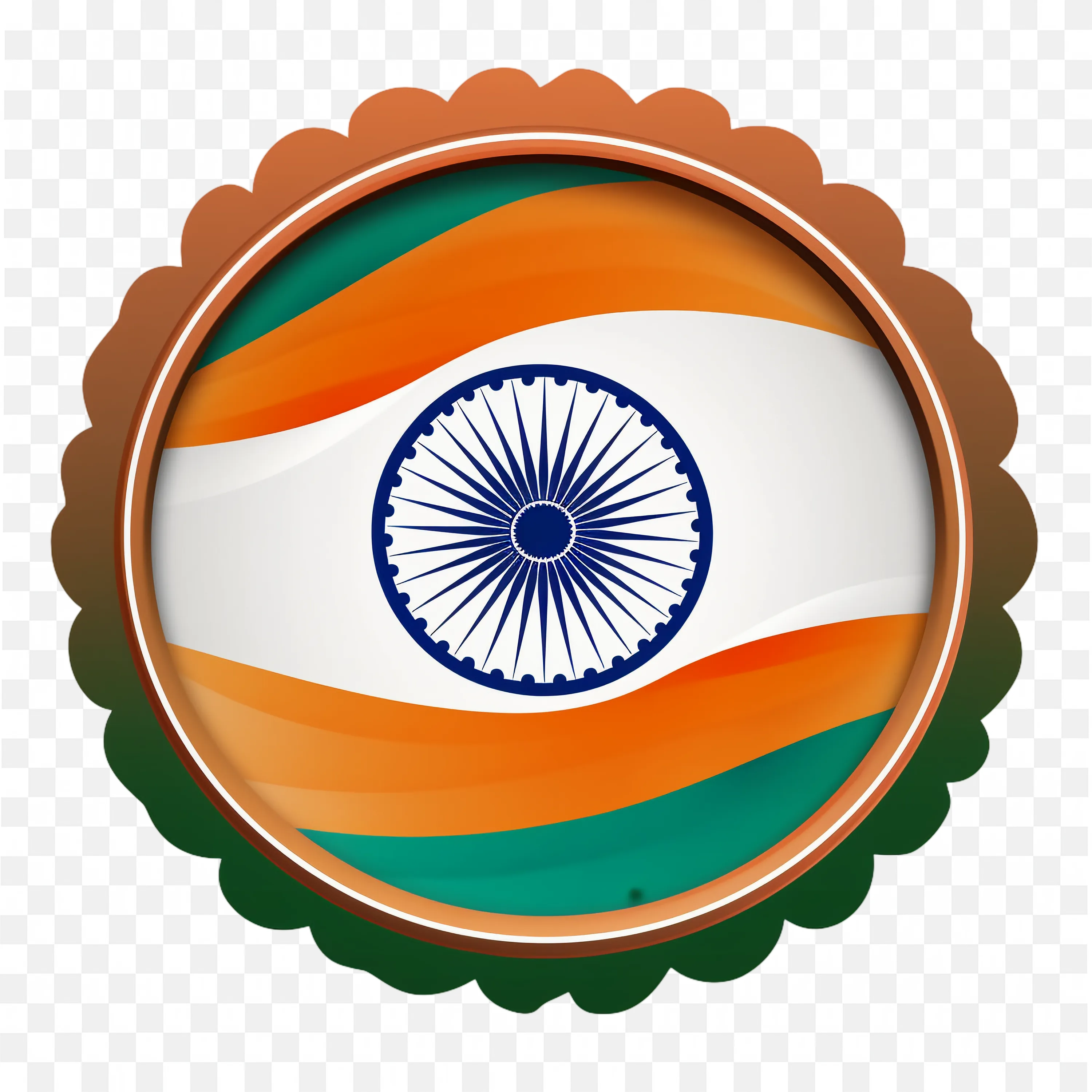Circular Badge of Indian Flag with Decorative Brown Edge Border