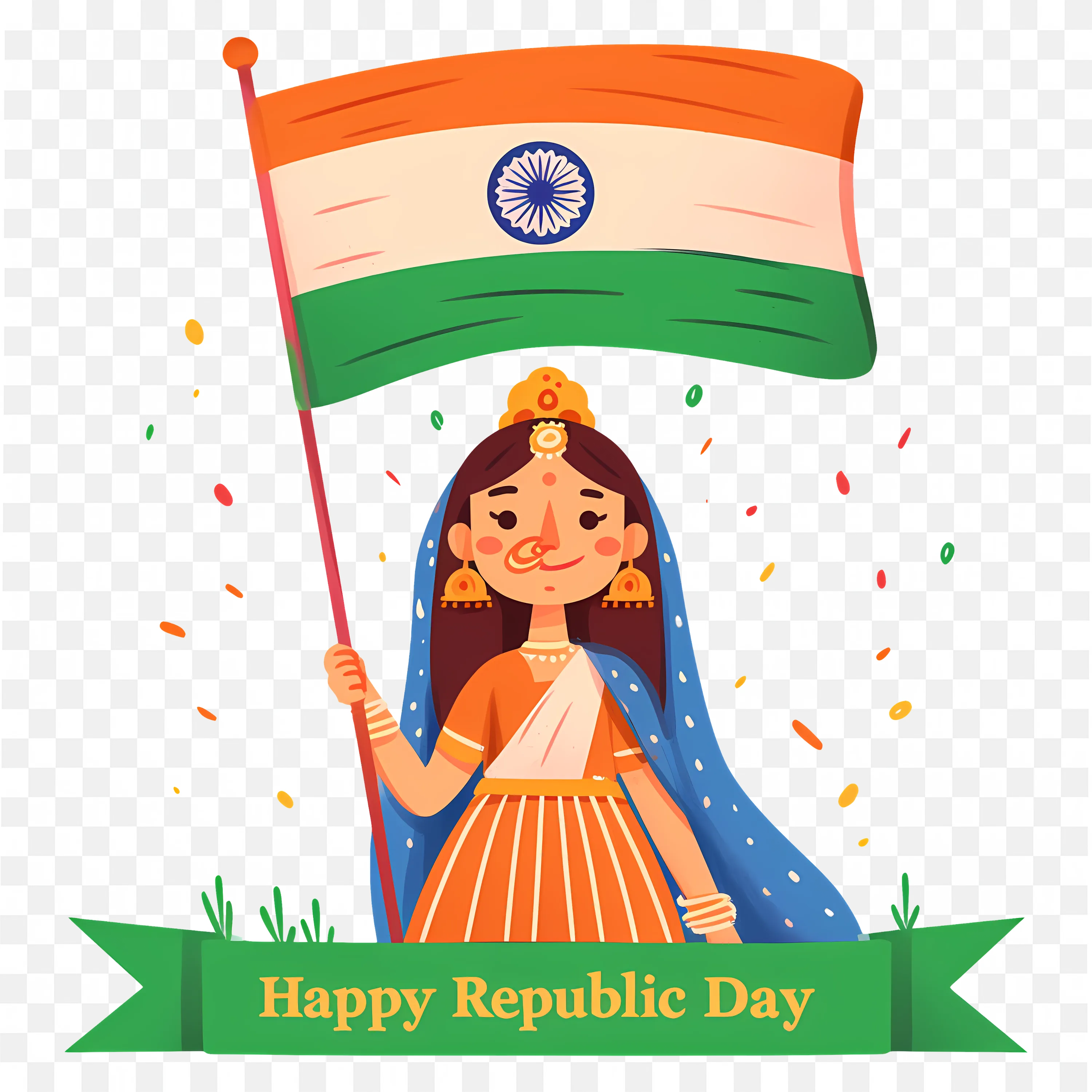 Girl Holding Indian Flag with Happy Republic Day PNG