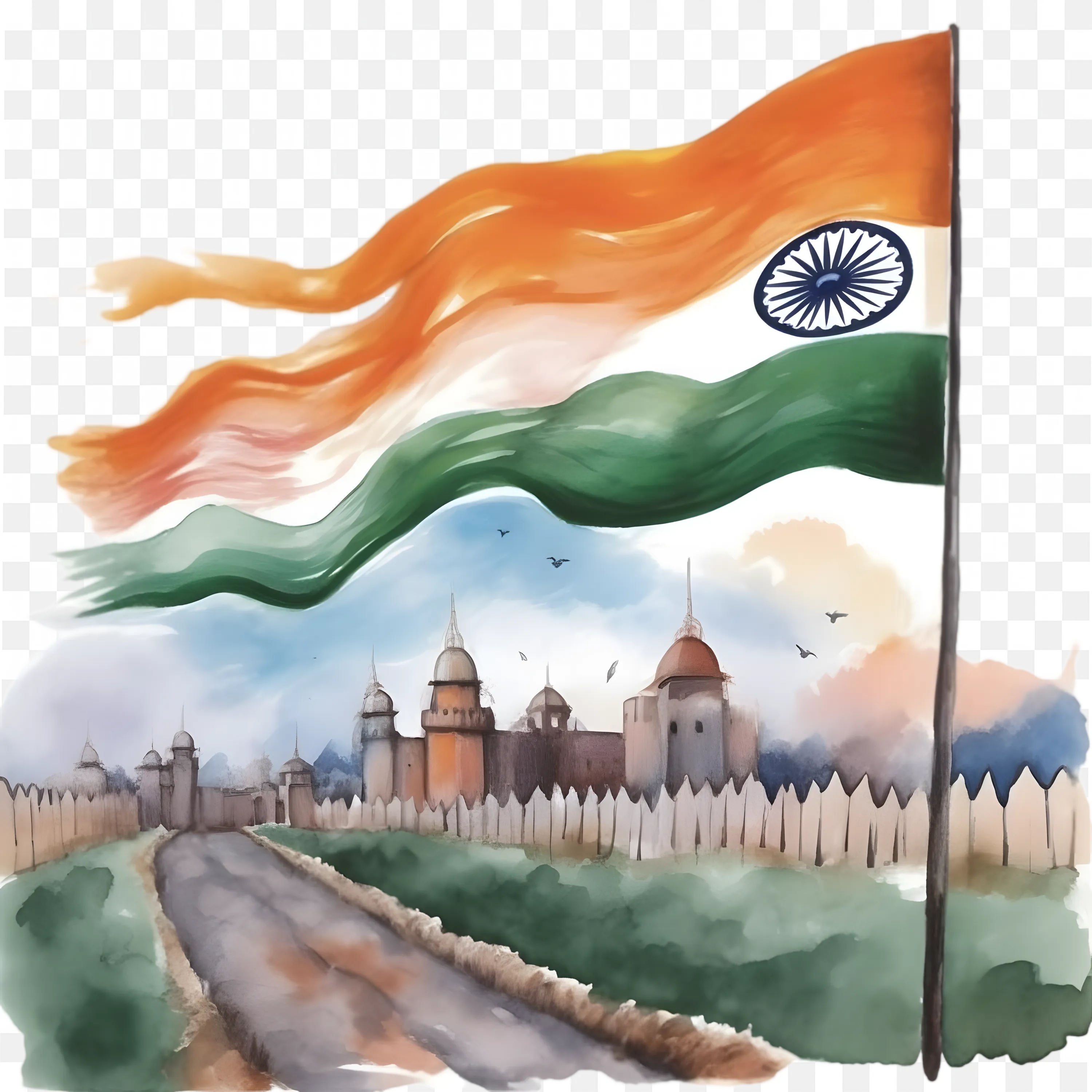 Painting of Indian Flag with Famous Indian Monument PNG