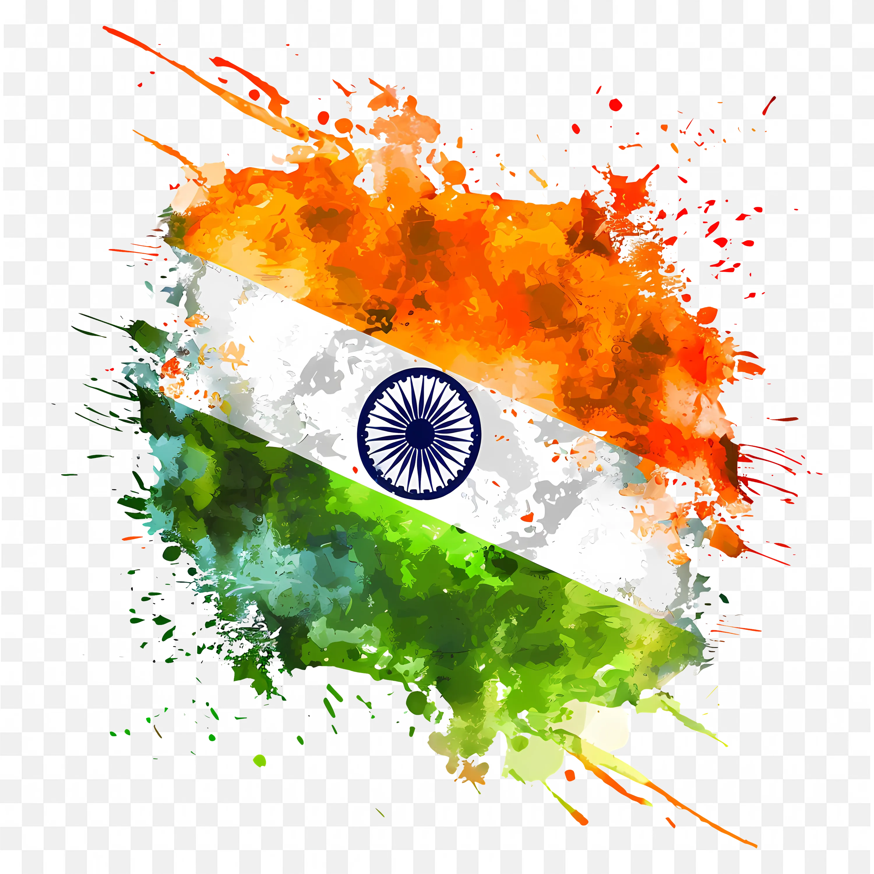 Splash Paint Effect Indian Flag with Blue Ashoka Chakra PNG