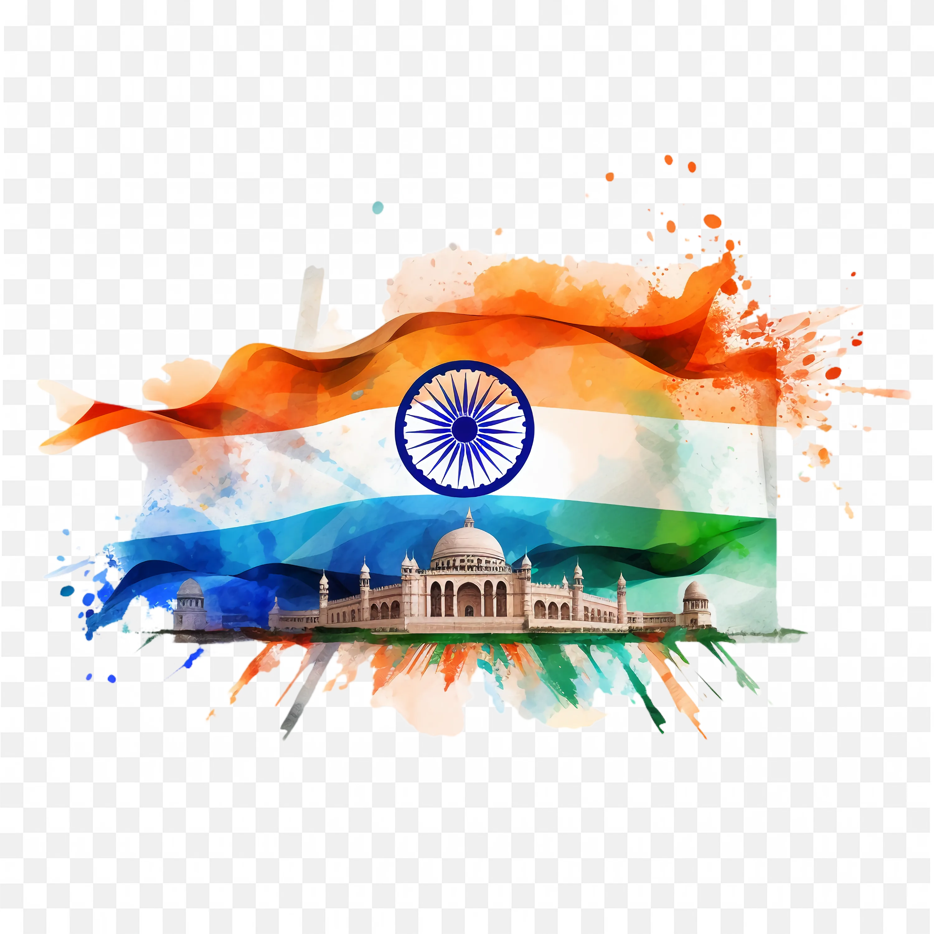 Splatter Paint Style Indian Flag with Ashoka Chakra Free PNG