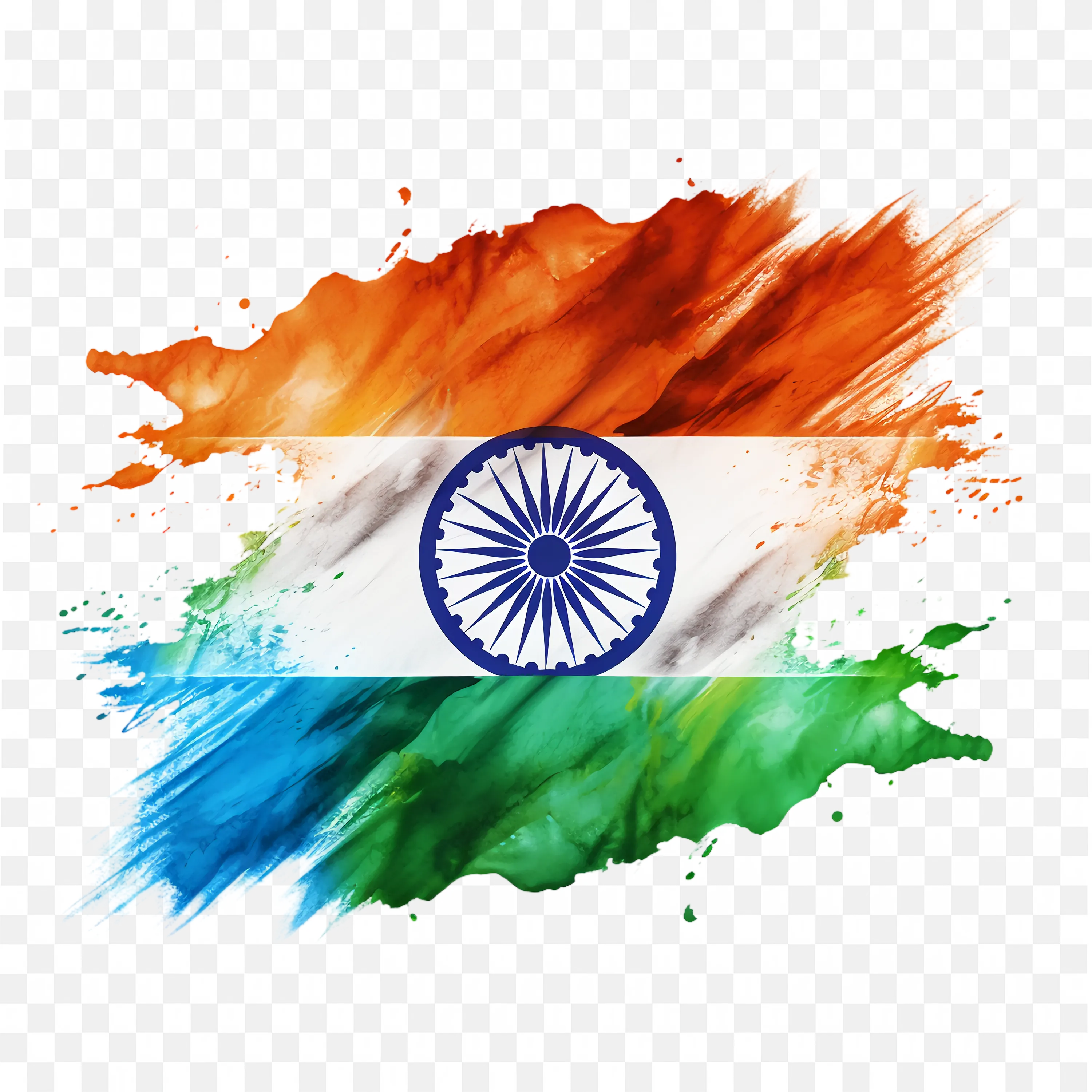Splatter Style Paint Indian Flag with Ashoka Chakra PNG