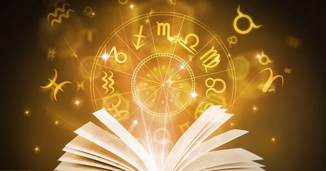 Horoscope readings with zodiac wheel and astrological symbols