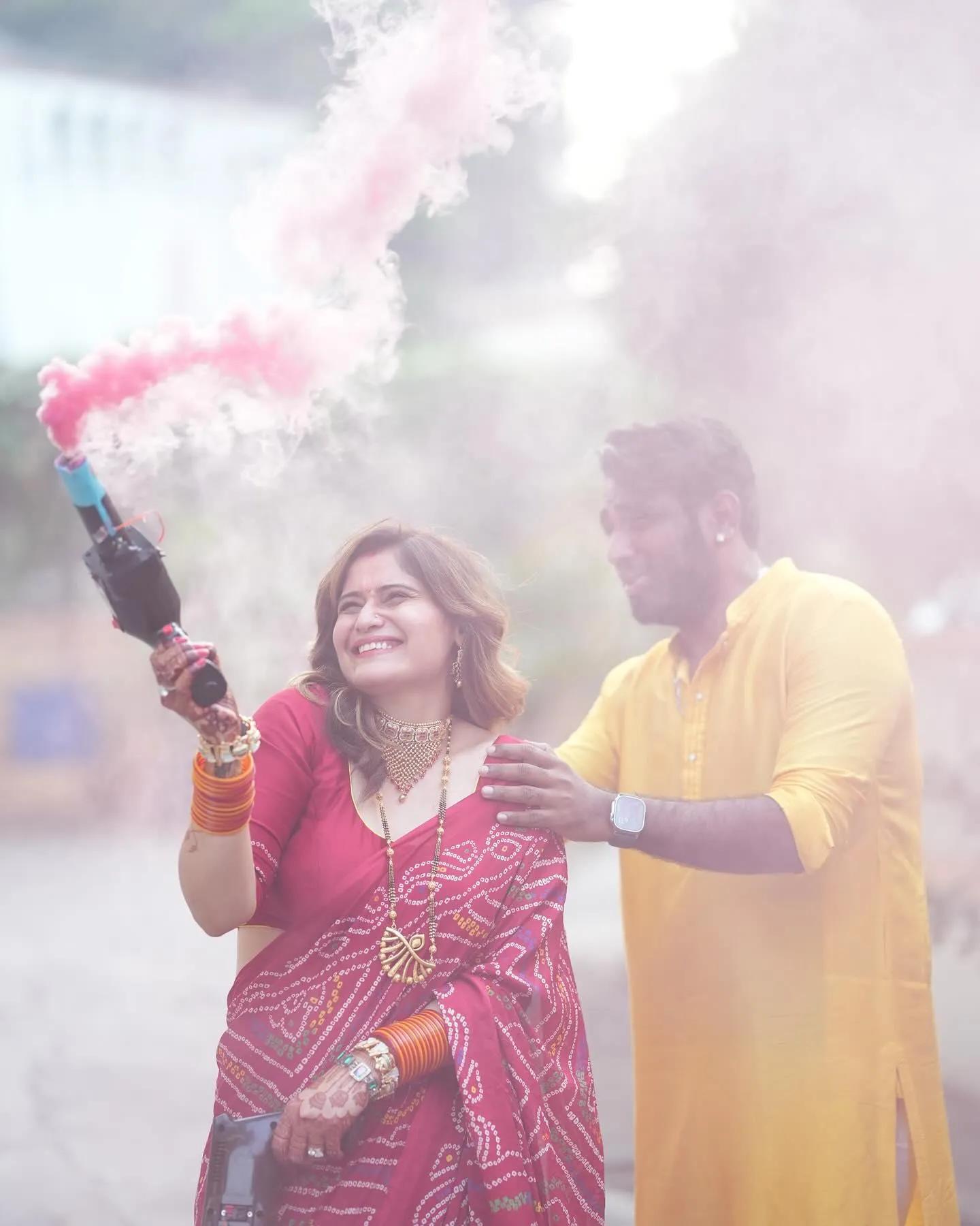 Arti Singh celebrates with smoke bombs in a joyful moment