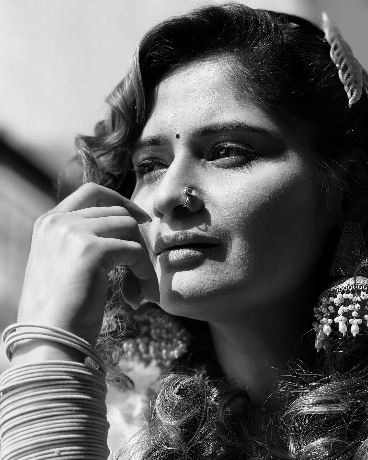 Arti Singh gives a deep thoughtful look in black and white