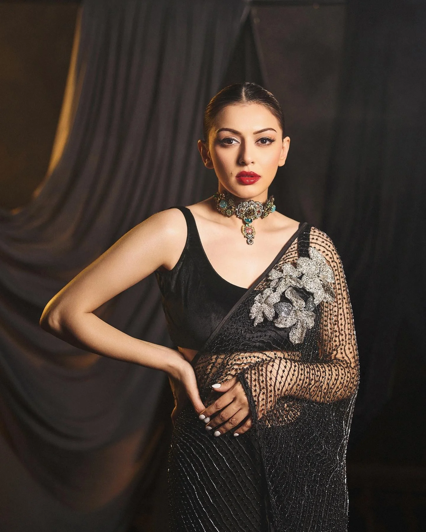 Actress Hansika in Black Sequin Saree Glamorous Look