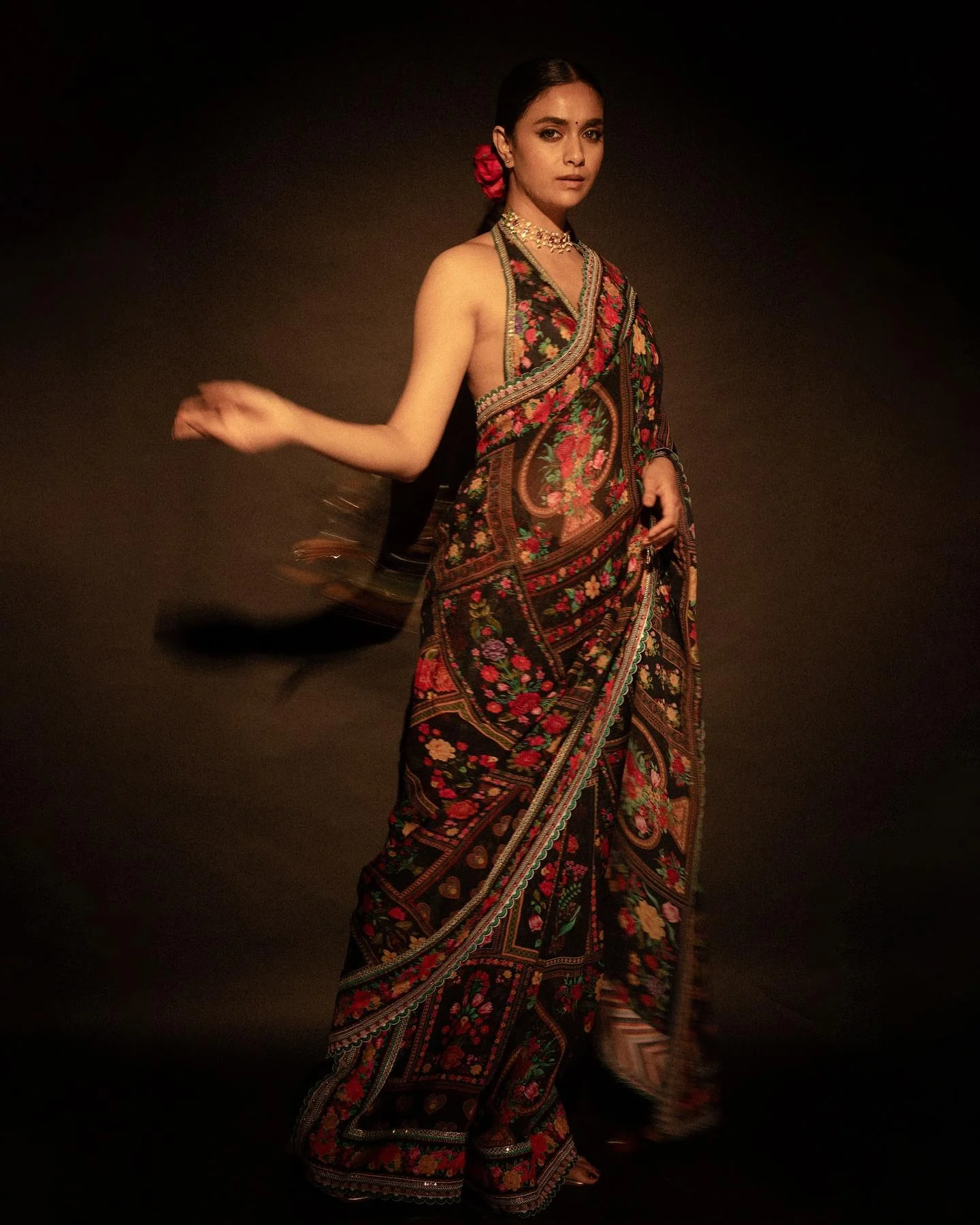 Actress Keerthy Suresh Dazzles in Floral Black Saree