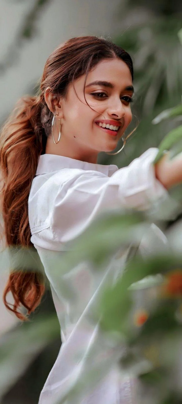 Keerthy Suresh in Elegant White Shirt Casual Look Wallpaper