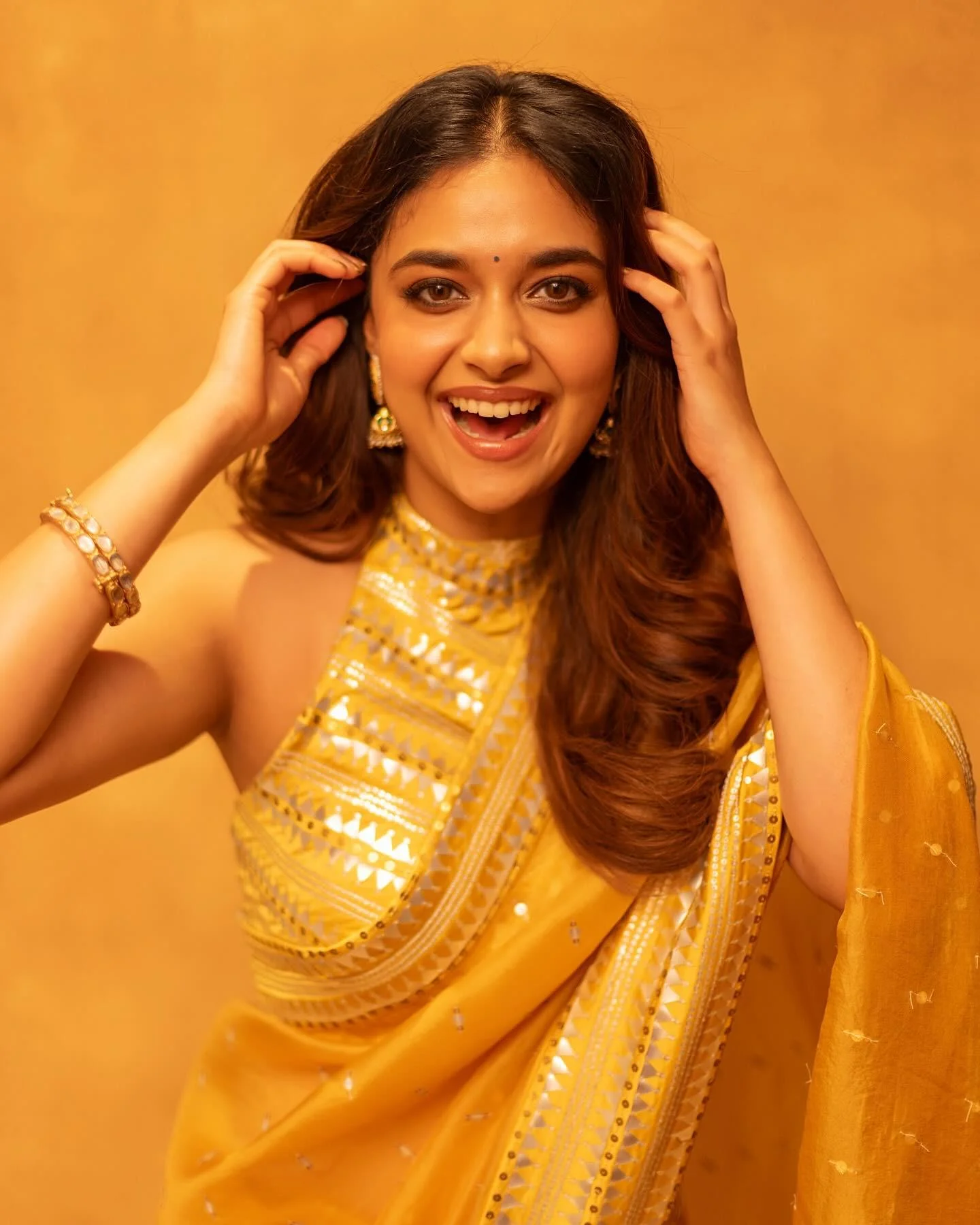 Keerthy Suresh in Elegant Yellow Saree Hd Wallpaper