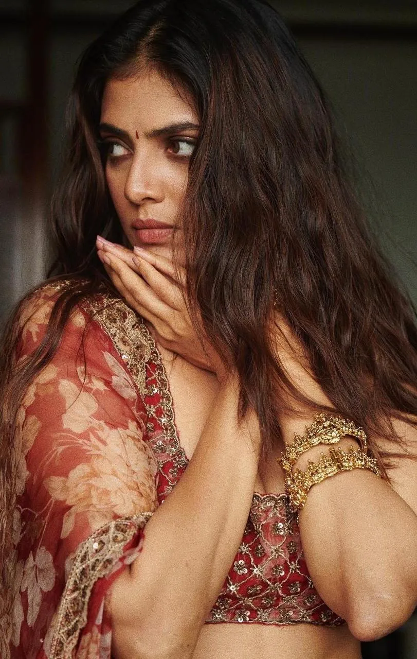 Attractive Malavika Mohanan Graceful Pose in Red Saree