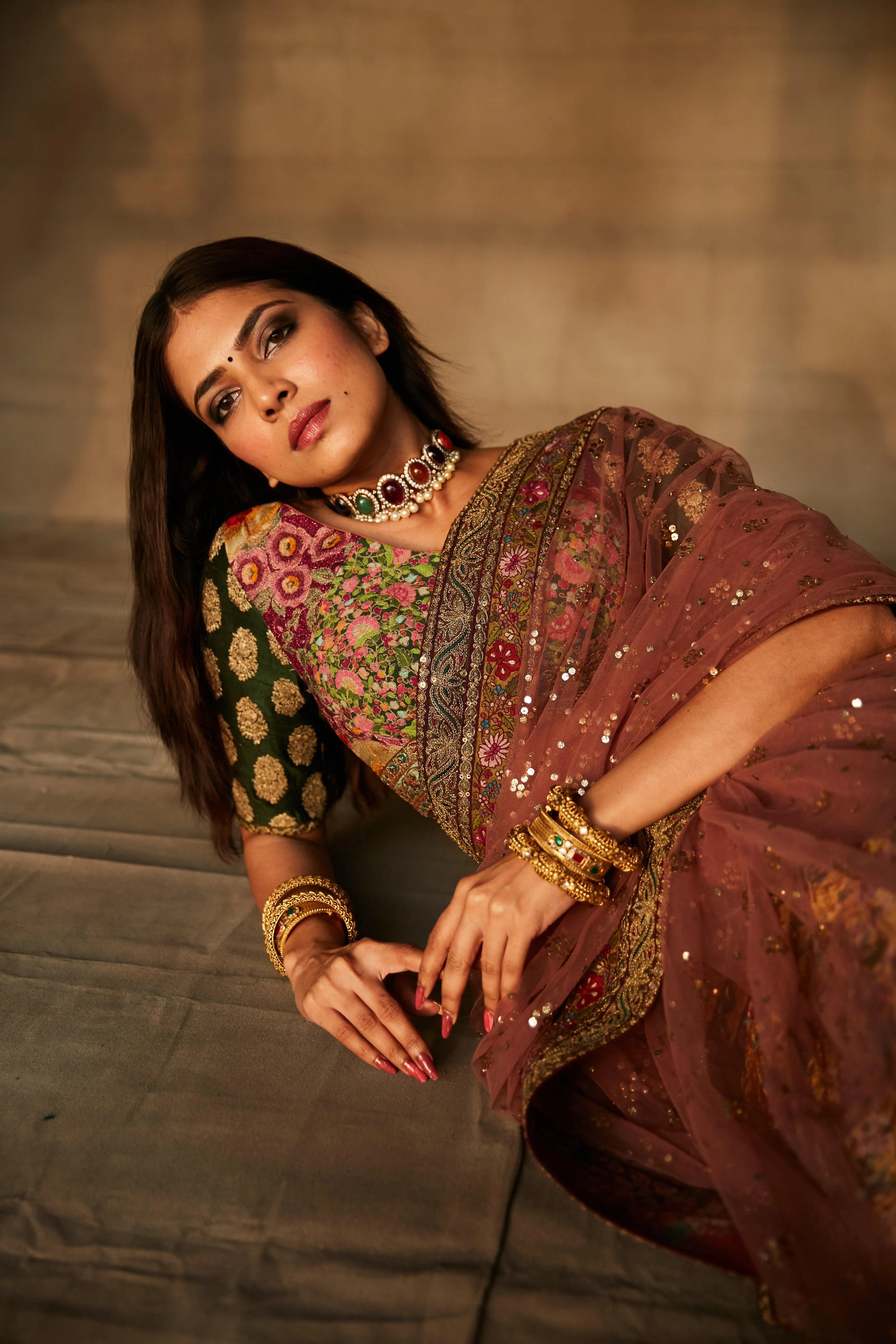 Attractive Malavika Mohanan in Brown Saree Traditional Photo