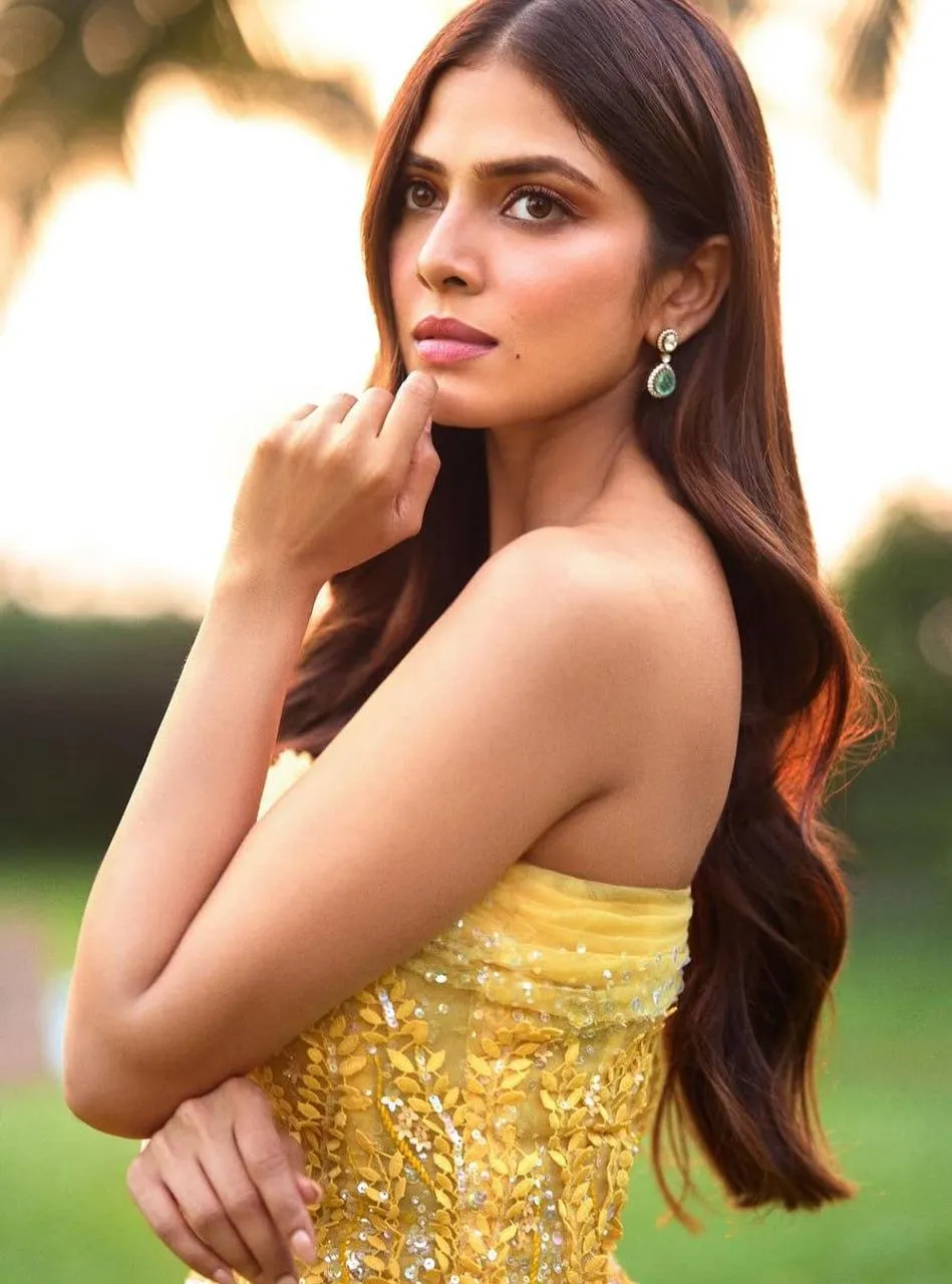 Attractive Malavika Mohanan in Golden Gown Outdoor Pose