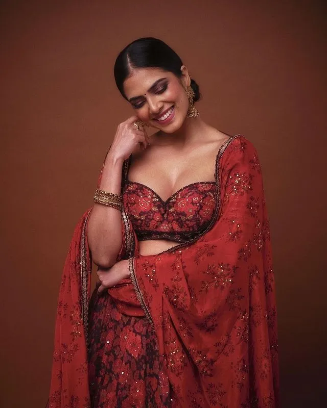 Attractive Malavika Mohanan Sits in Red Ethnic Saree Image