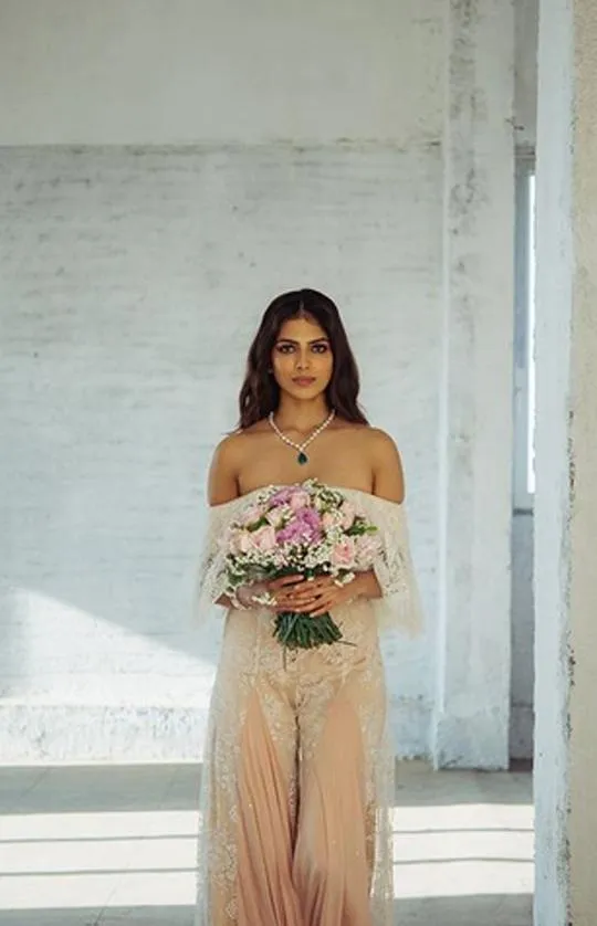Beautiful Malavika Mohanan in Golden Gown Classic Pose Image