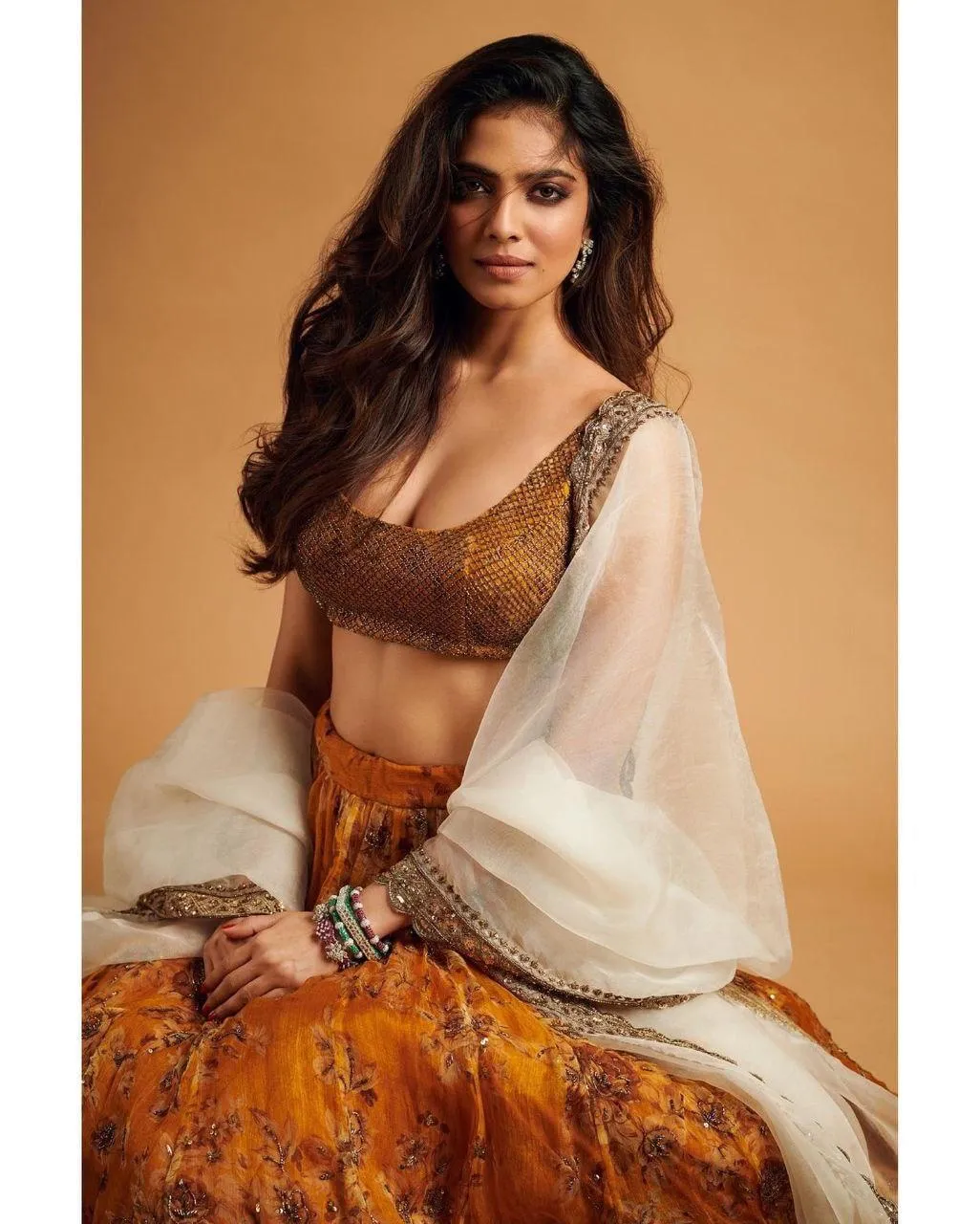 Beautiful Malavika Mohanan in Golden Saree Sitting Pose