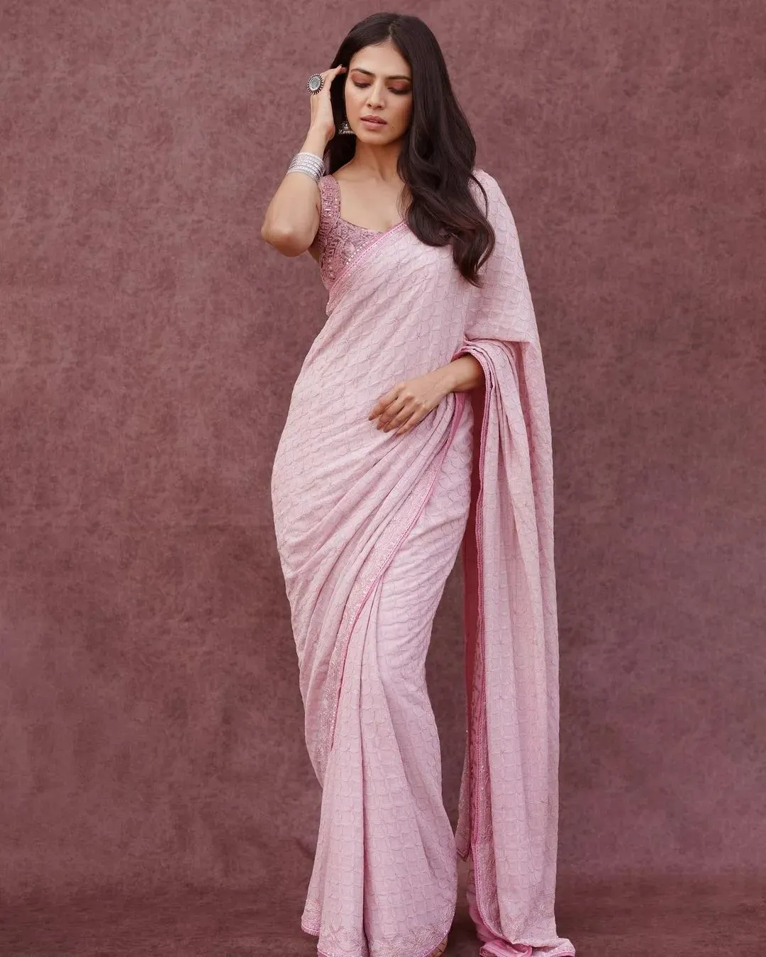 Beautiful Malavika Mohanan in Soft Pink Saree with Smile