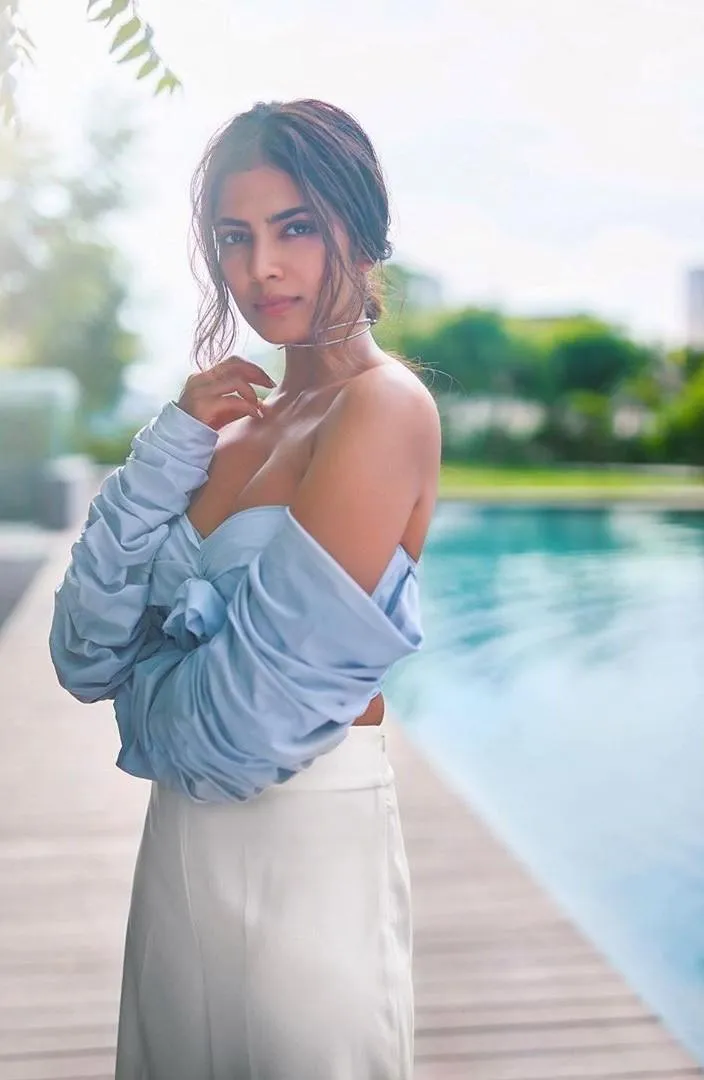 Blue Dress Style Worn by Malavika Mohanan by the Poolside