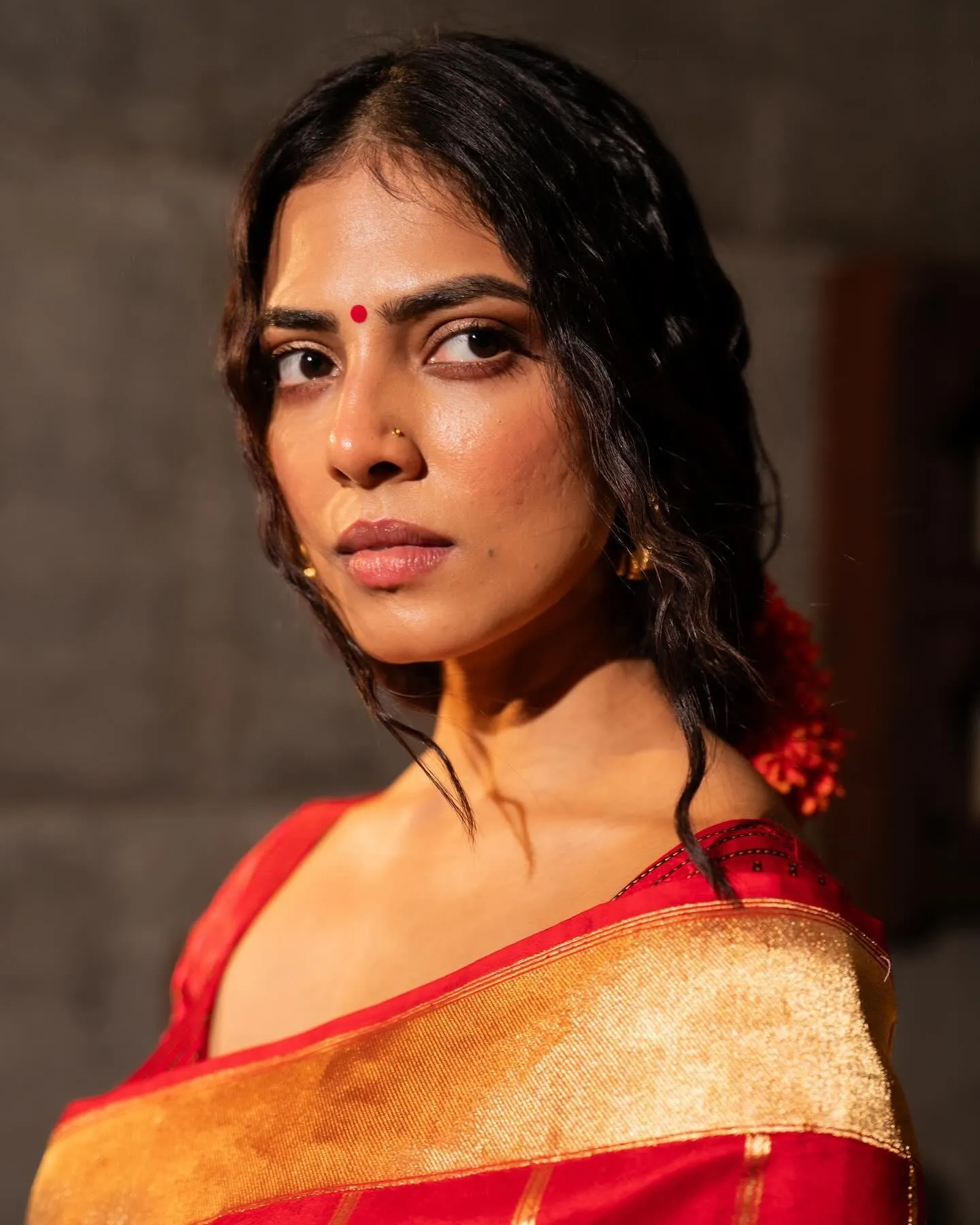 Charming Malavika Mohanan in Red Saree Traditional Look
