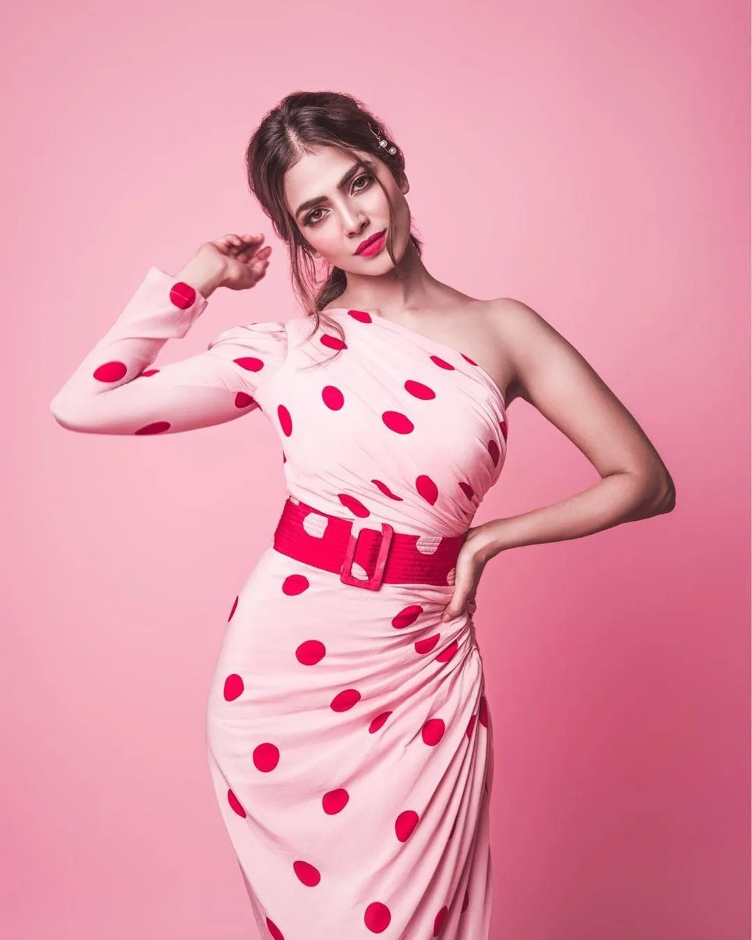 Charming Malavika Mohanan Wearing Pink Polka Dot Dress Image