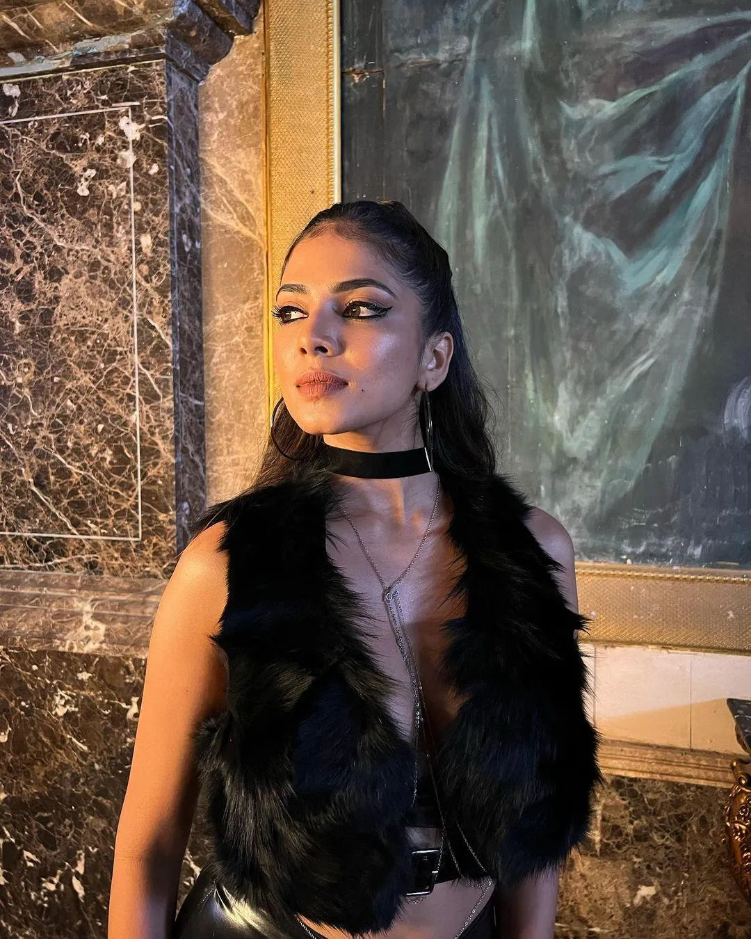 Gorgeous Malavika Mohanan in Black Fur Dress Indoor Shoot