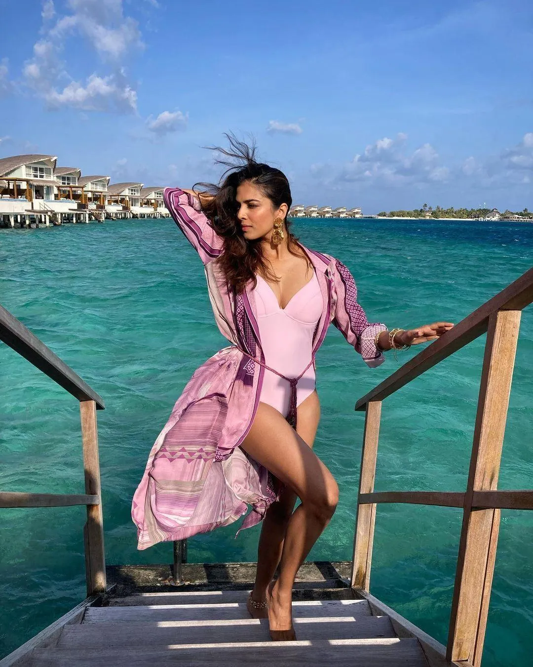 Gorgeous Malavika Mohanan in Pink Gown Seaside Pose Picture