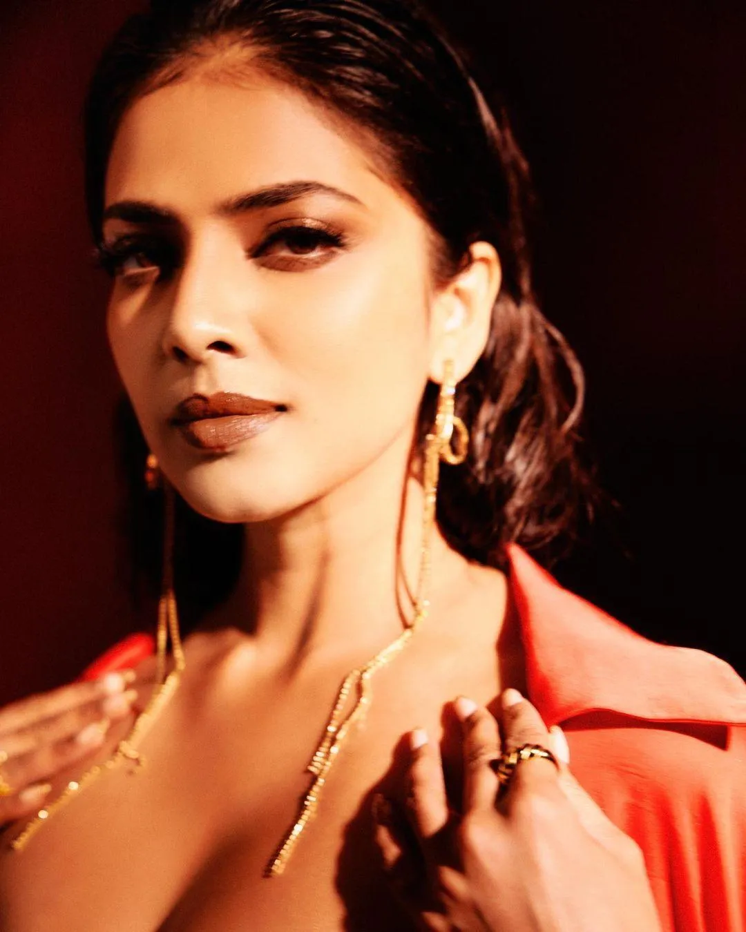 Gorgeous Malavika Mohanan in Red Dress with Bold Earrings