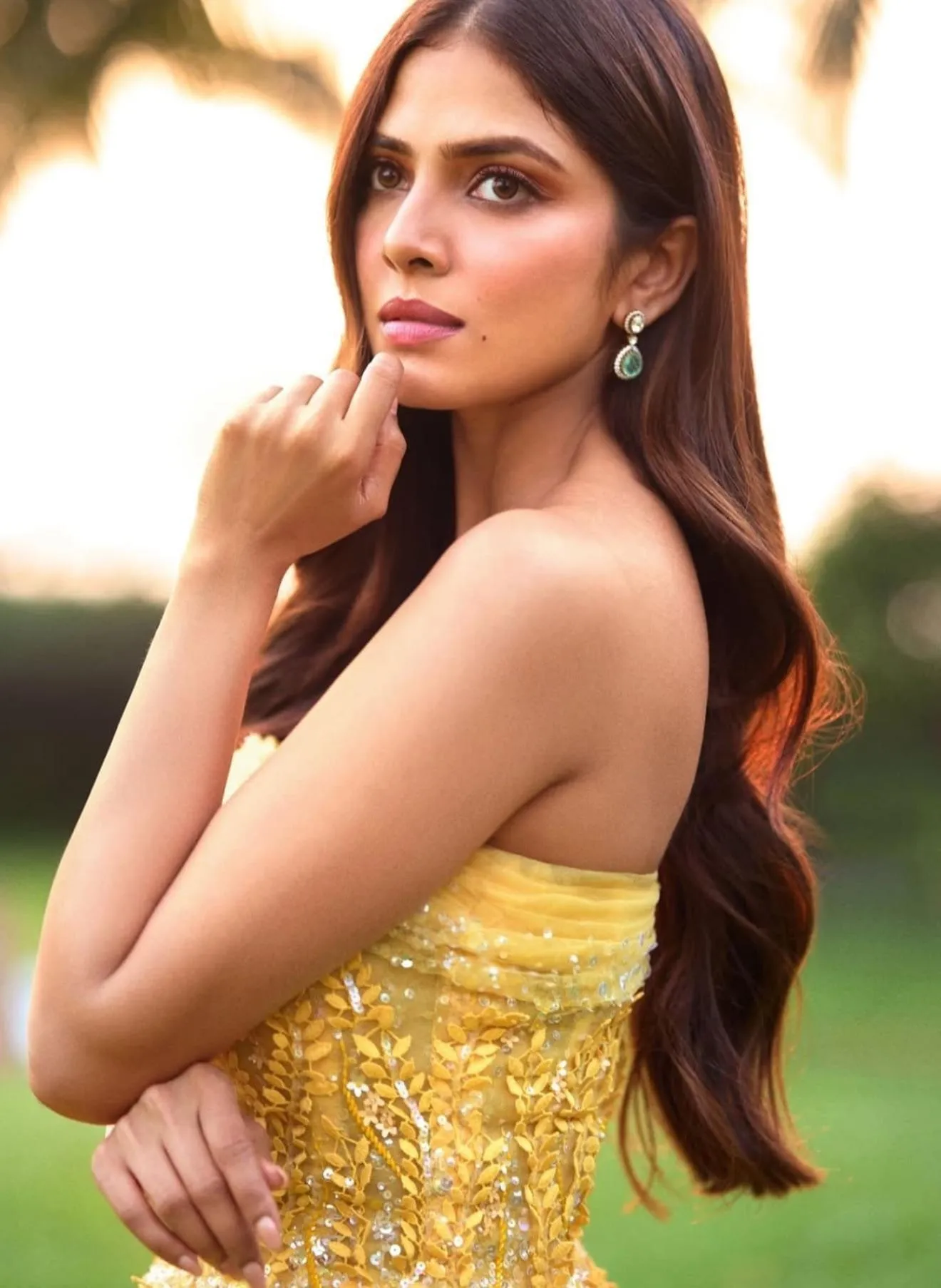 Handsome Malavika Mohanan in Golden Dress Outdoor Shot