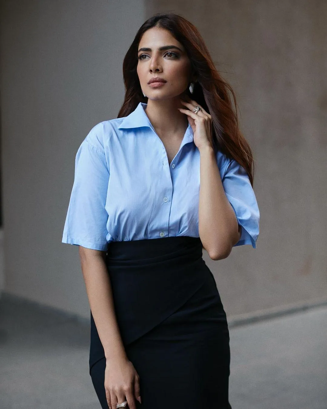 Hot Malavika Mohanan Charming Blue Shirt Outfit Pose Picture