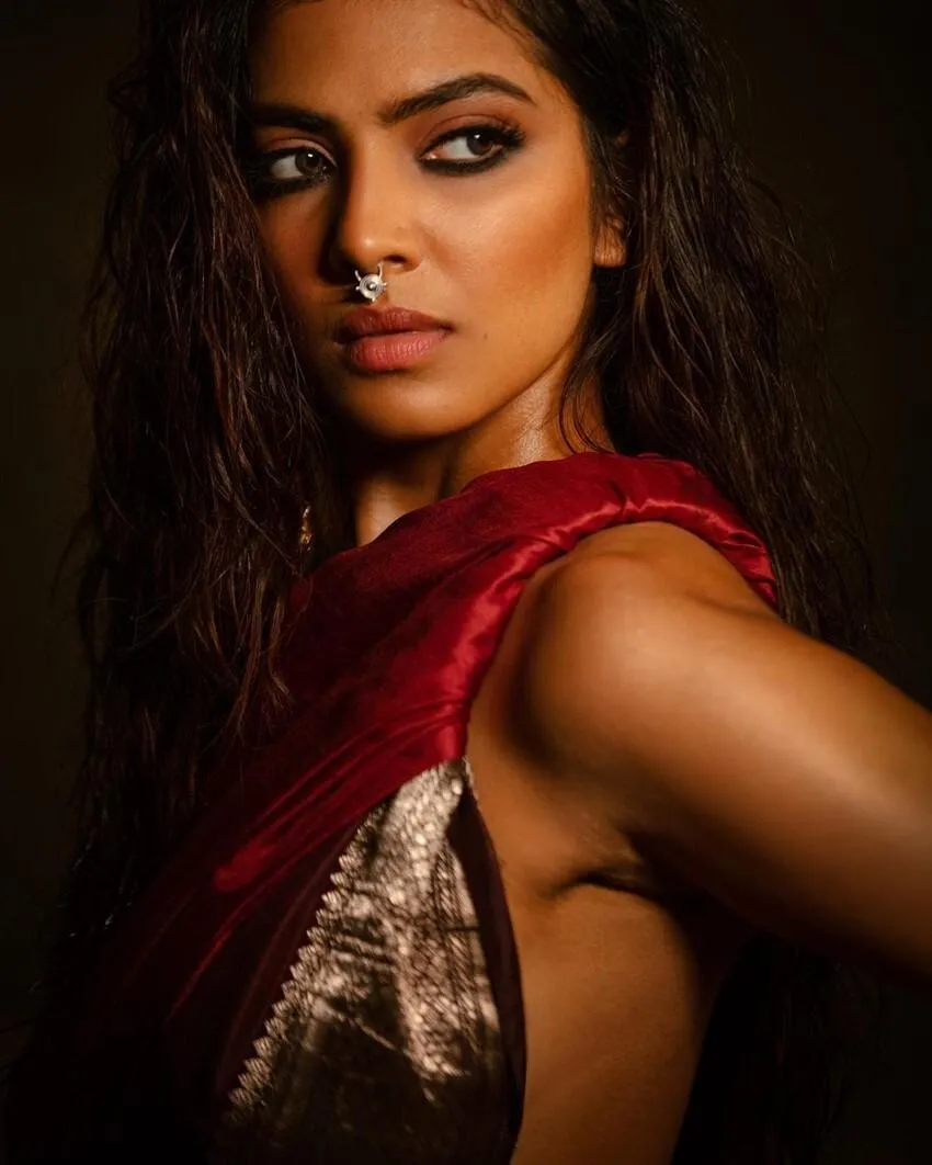 Hot Malavika Mohanan Posing in Traditional Red Saree Dress