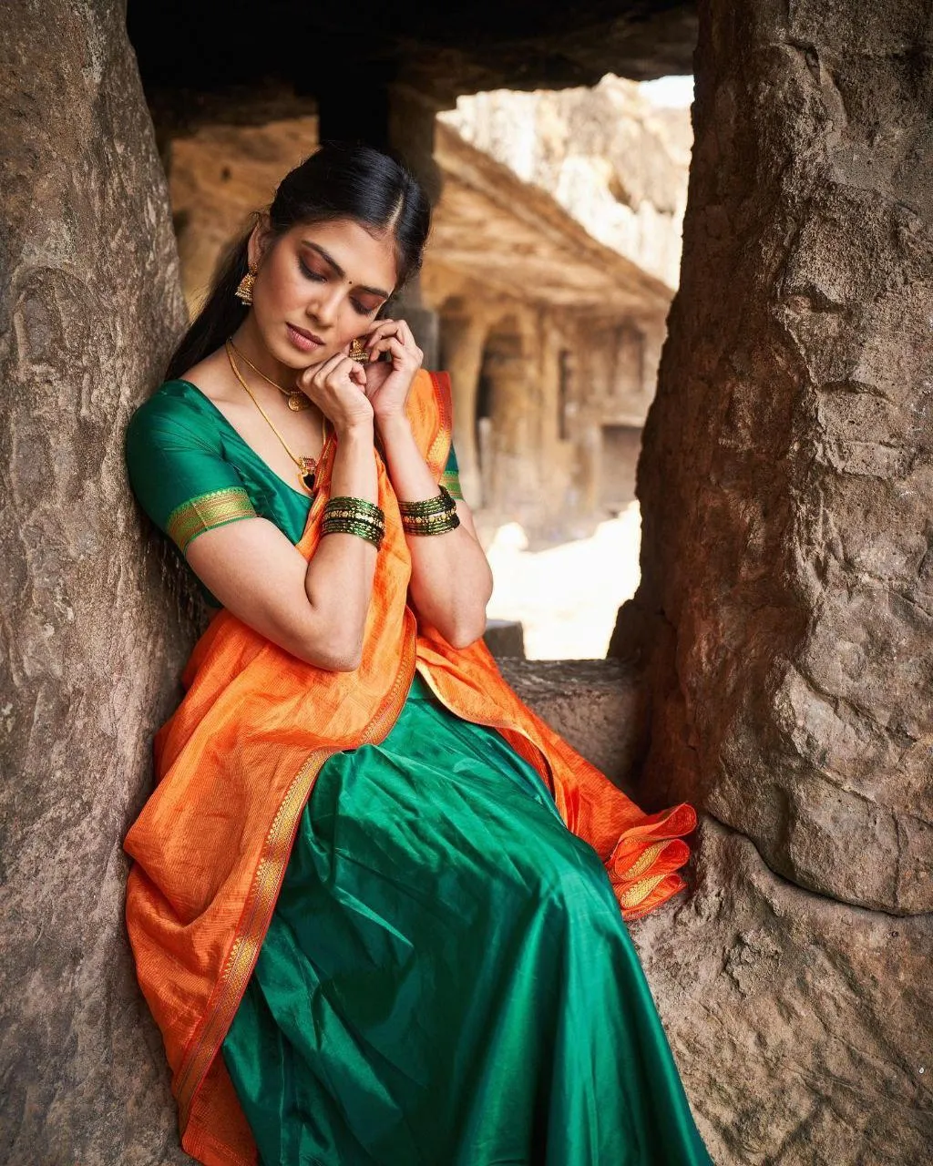 Hottie Malavika Mohanan in Orange and Green Saree Pose