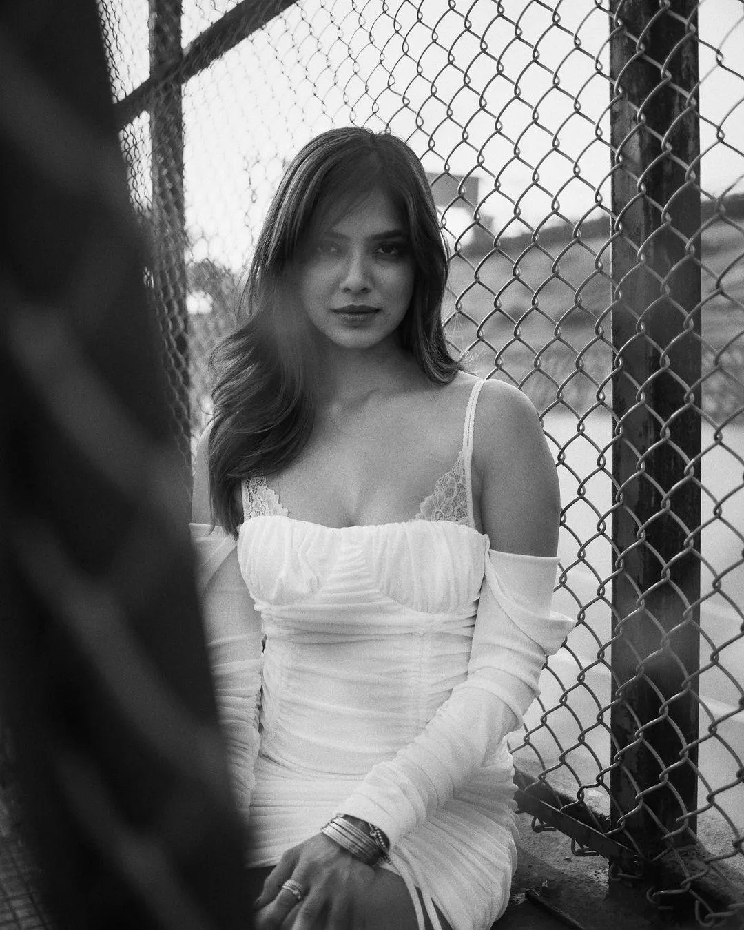 Hottie Malavika Mohanan in White Dress Black and White Pose